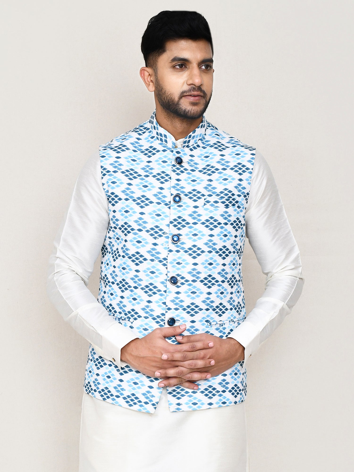 Blue Printed Nehru Jacket In Cotton For Men
