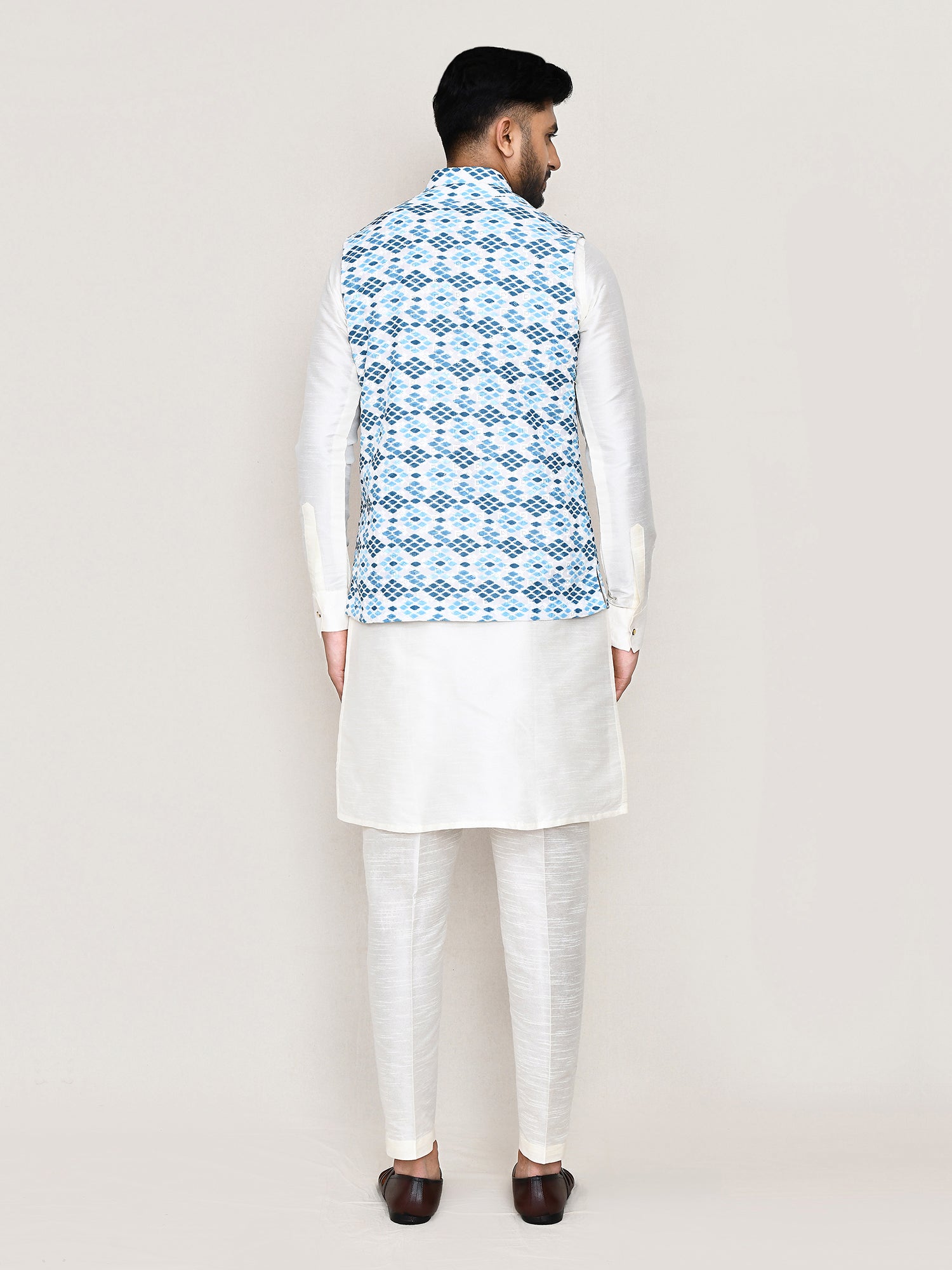 Blue Printed Nehru Jacket In Cotton For Men