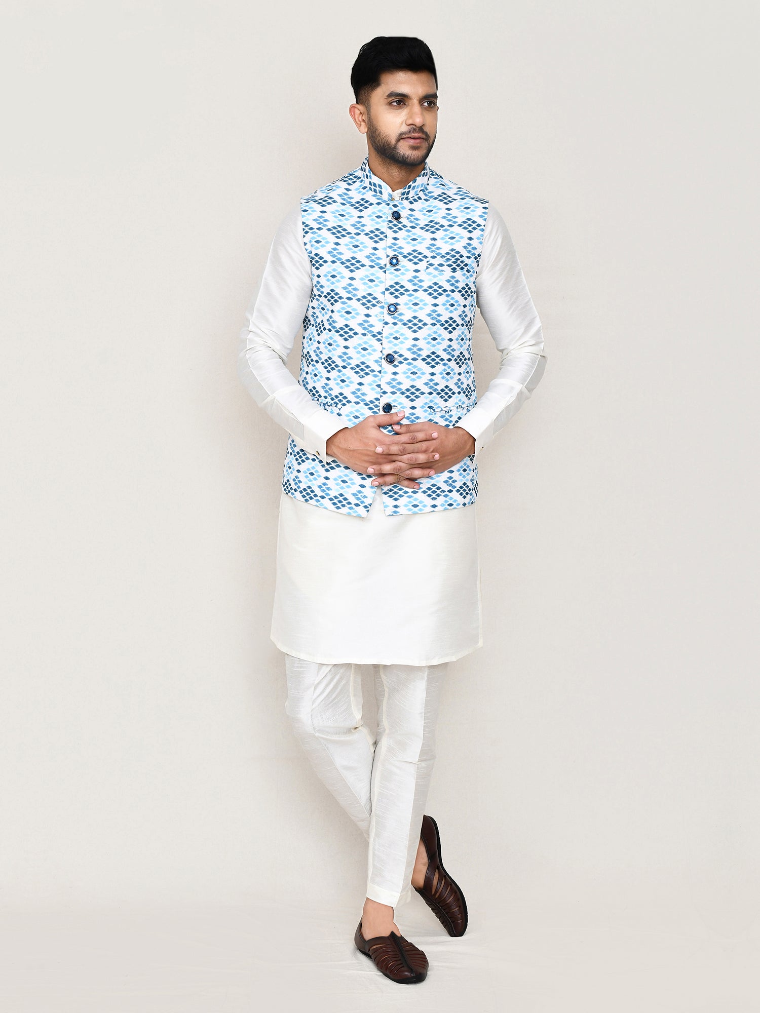 Blue Printed Nehru Jacket In Cotton For Men