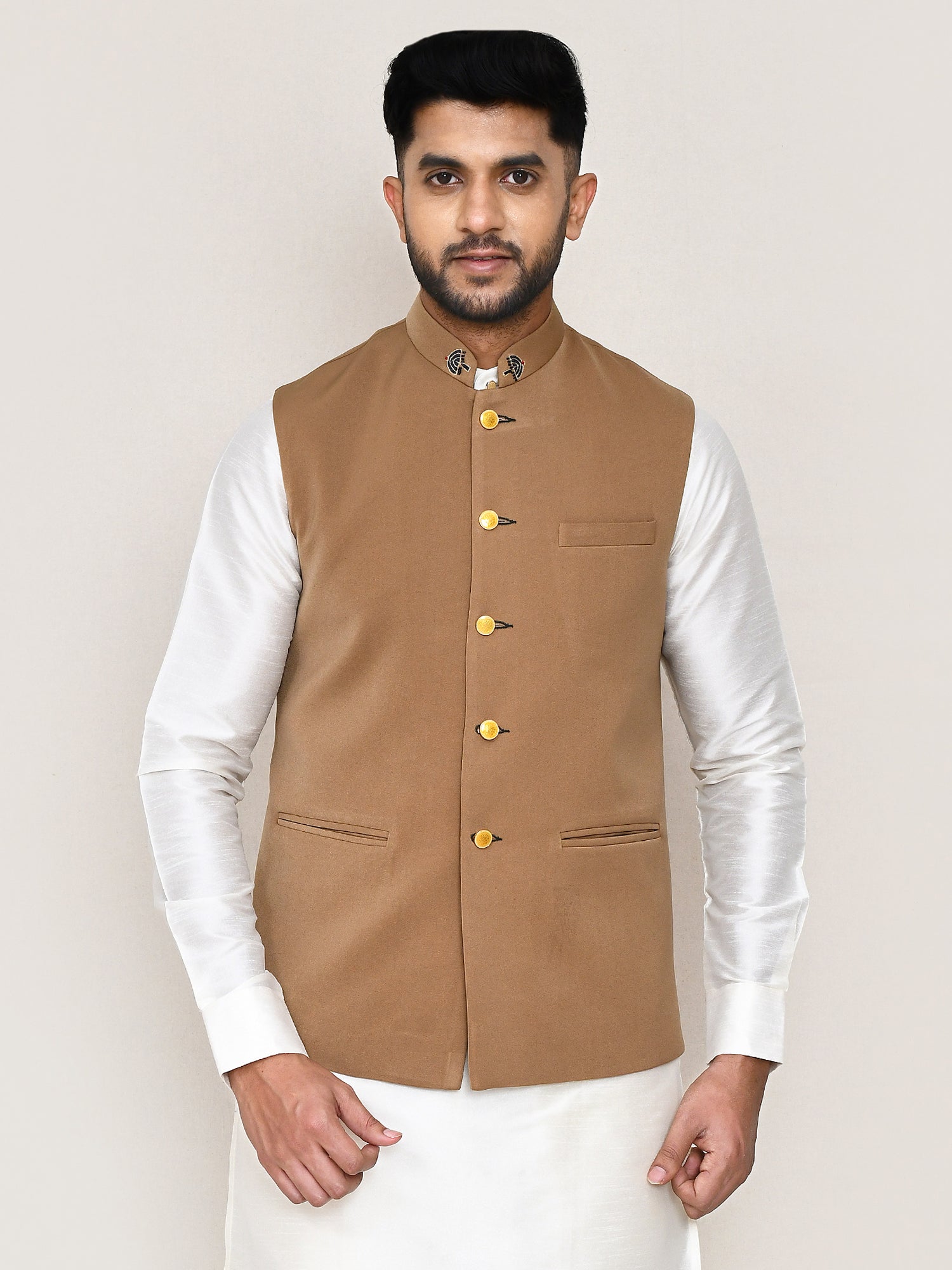 Brown Bandhgala Style Men's Waistcoat In Rayon