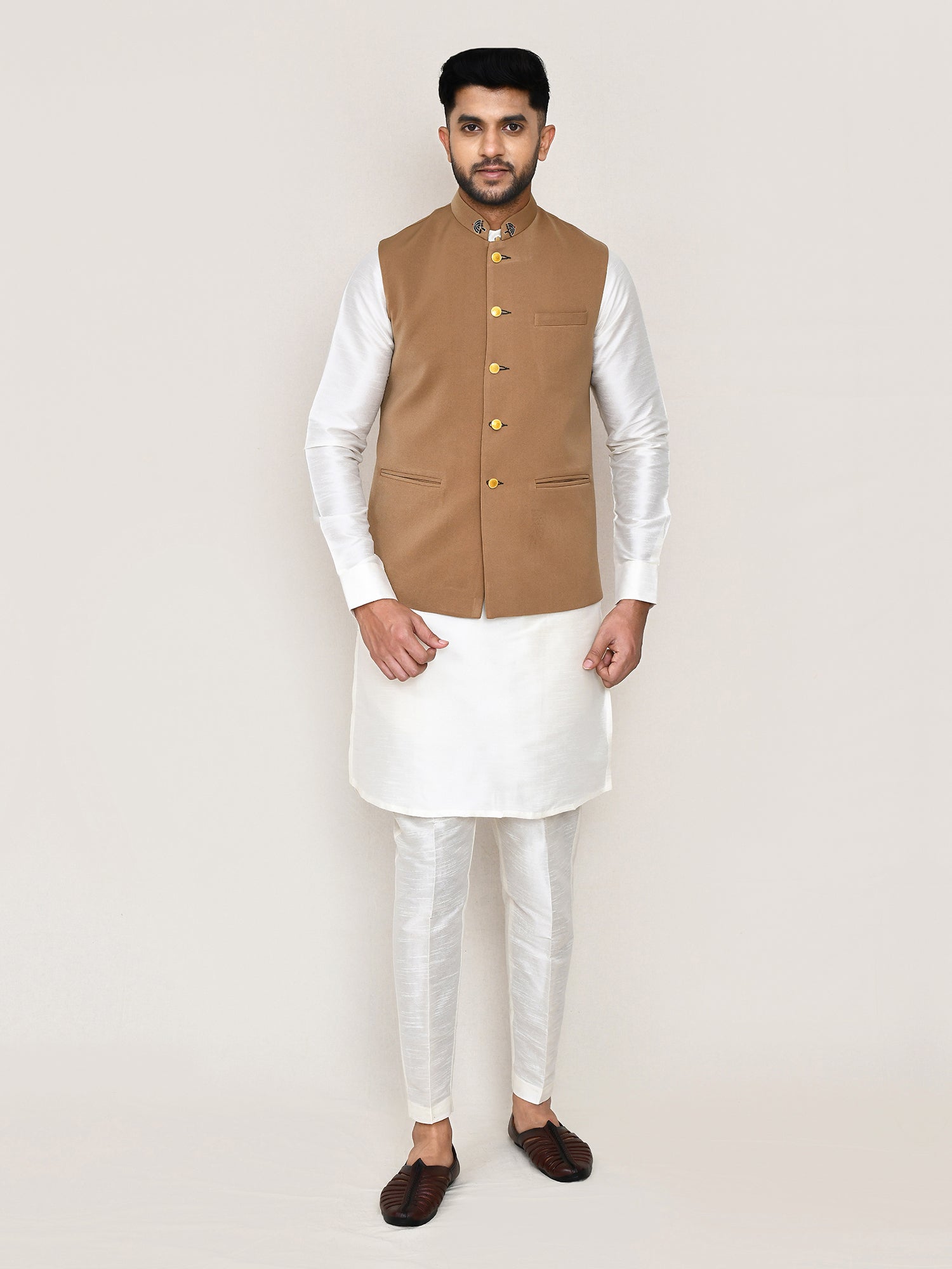 Brown Bandhgala Style Men's Waistcoat In Rayon