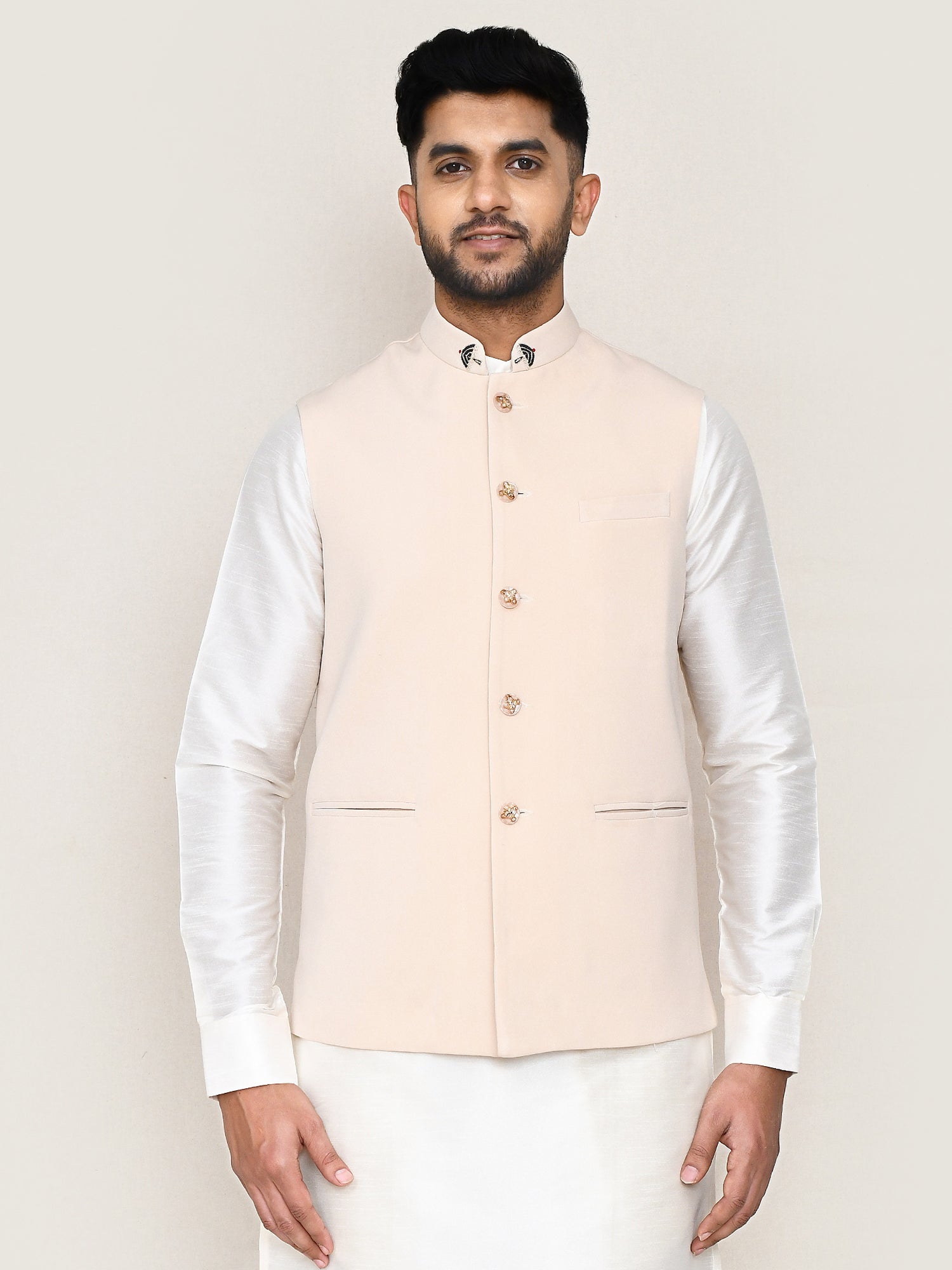 Light Peach Art Silk Men's Wear Nehru Jacket