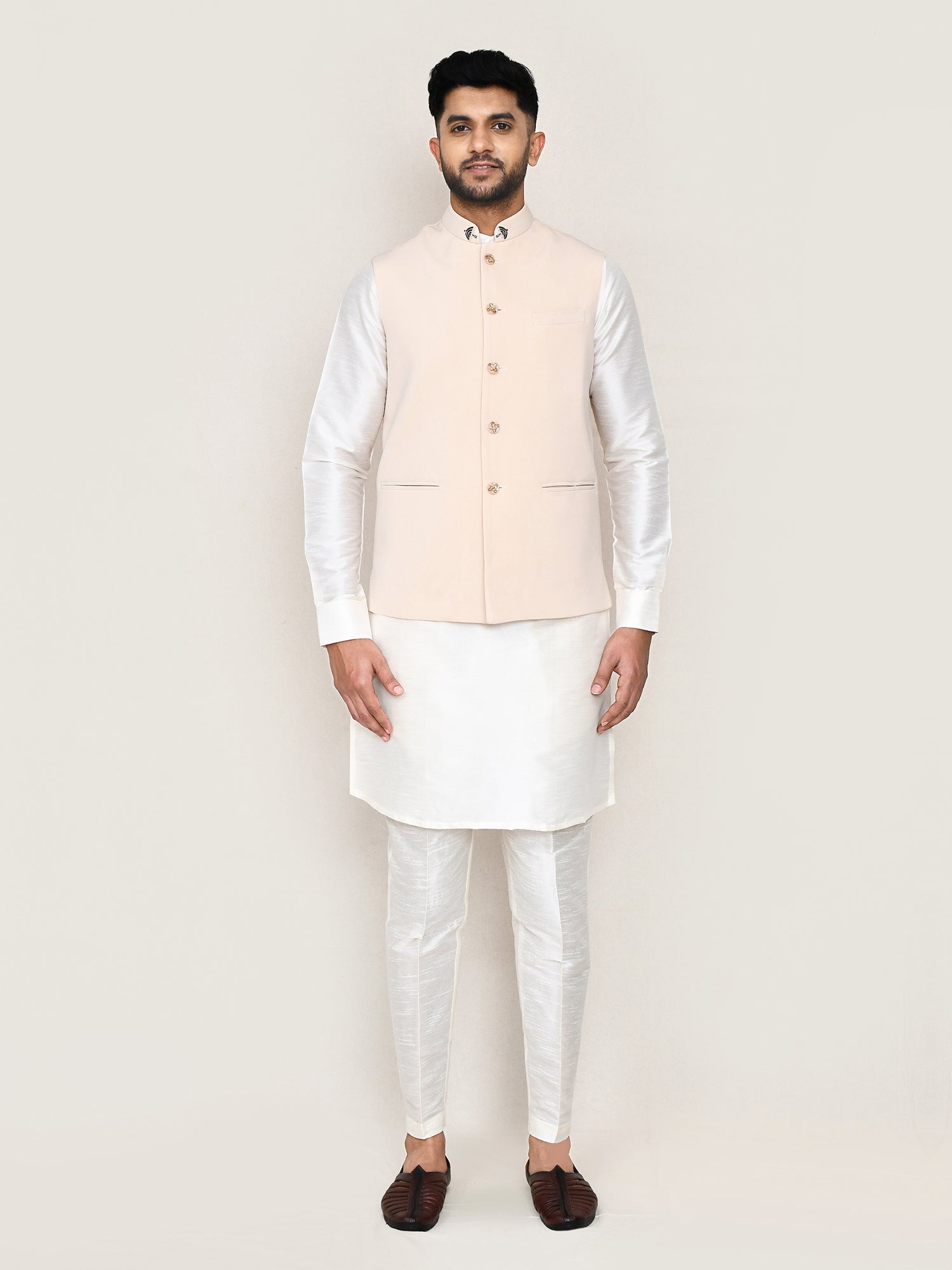 Light Peach Art Silk Men's Wear Nehru Jacket
