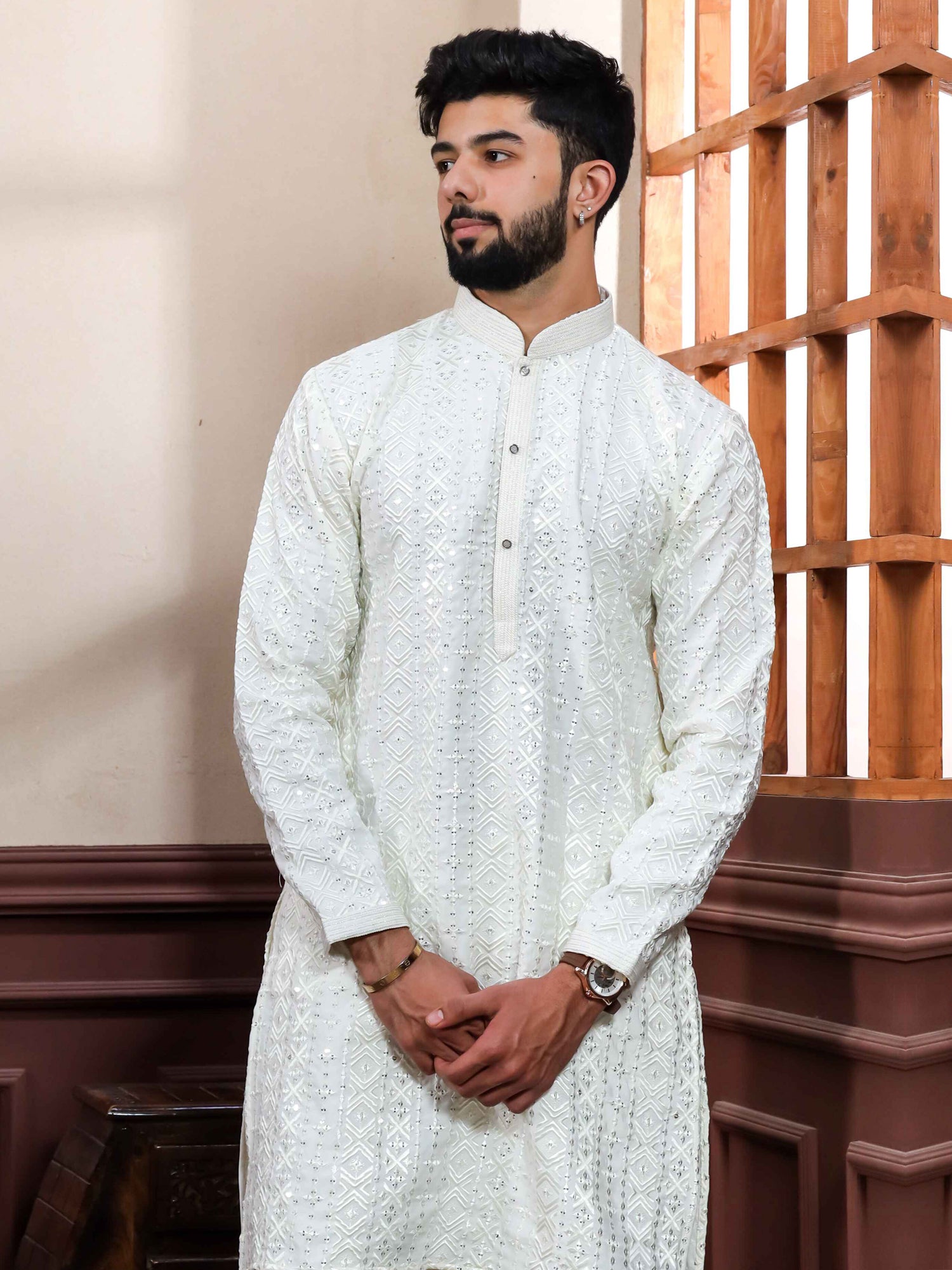 White Embroidered Men's Readymade Kurta Set