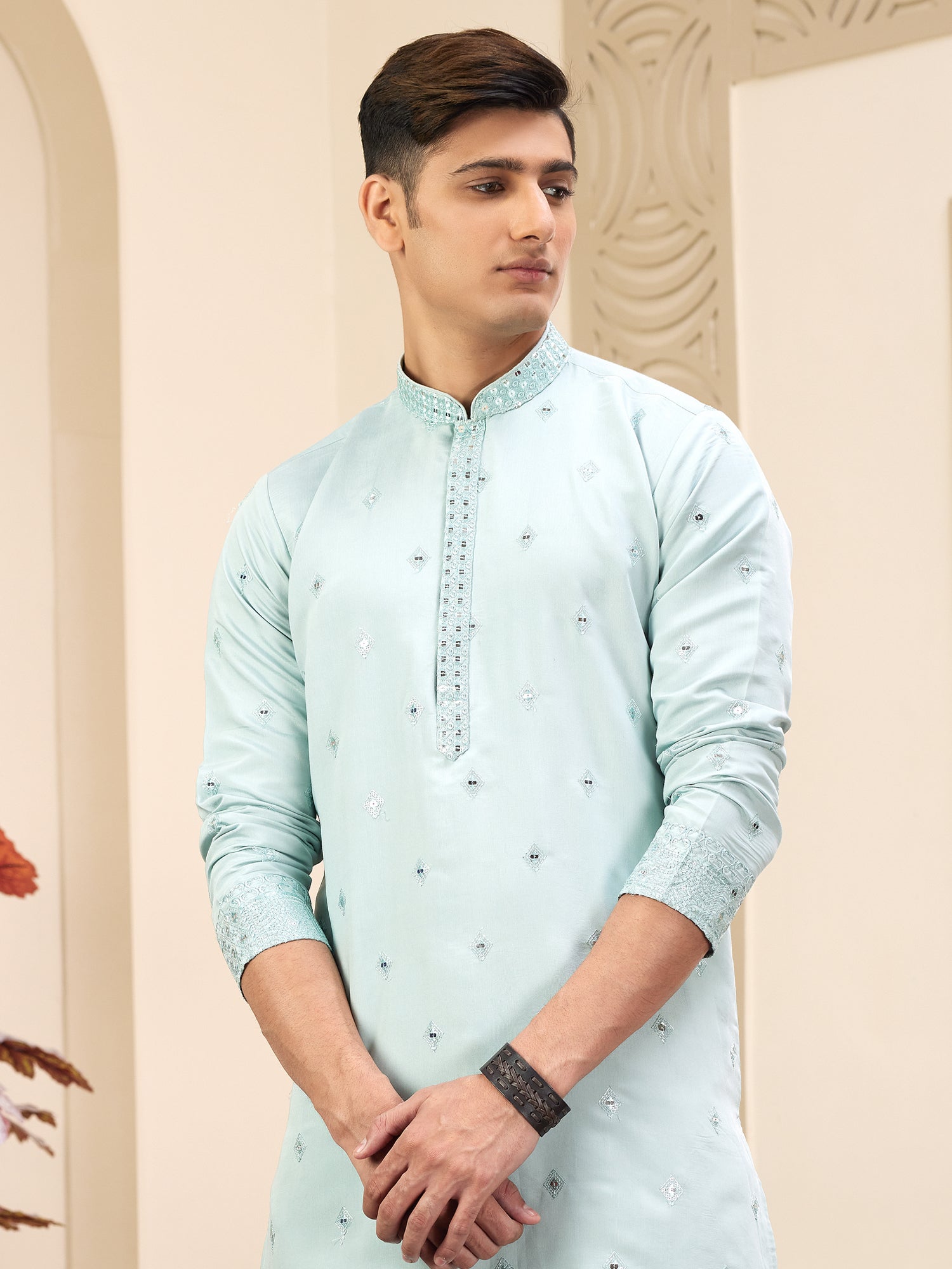 Blue Embroidered Men's Kurta Set In Art Silk