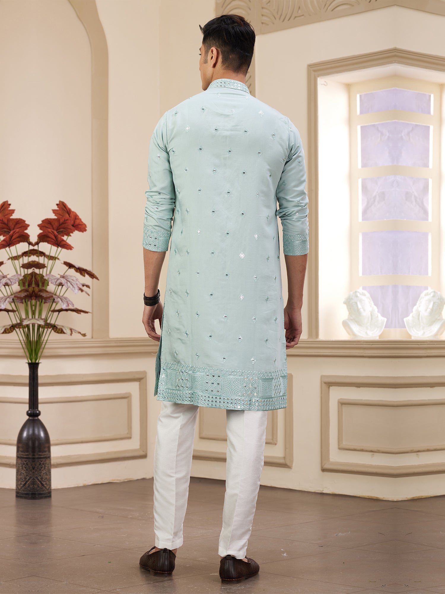 Blue Embroidered Men's Kurta Set In Art Silk