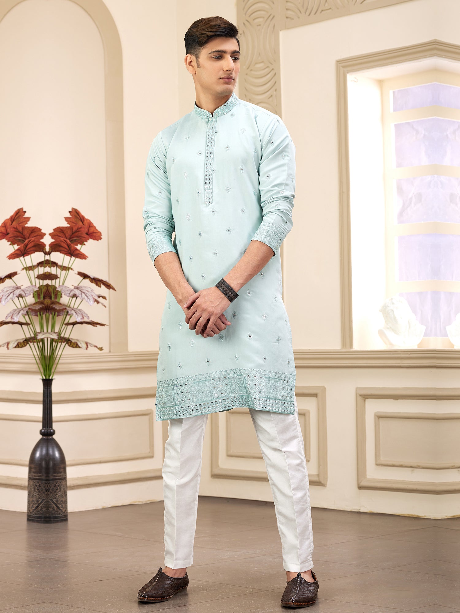 Blue Embroidered Men's Kurta Set In Art Silk