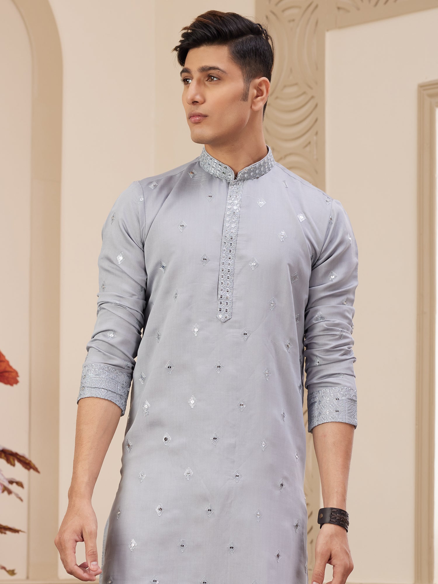 Silver Silk Kurta Pyjama In Sequins Embellishment