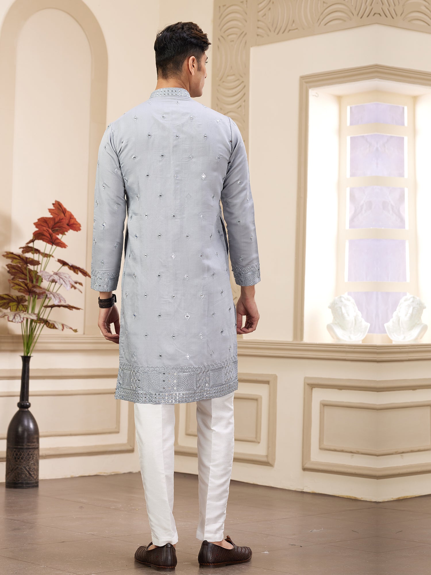 Silver Silk Kurta Pyjama In Sequins Embellishment
