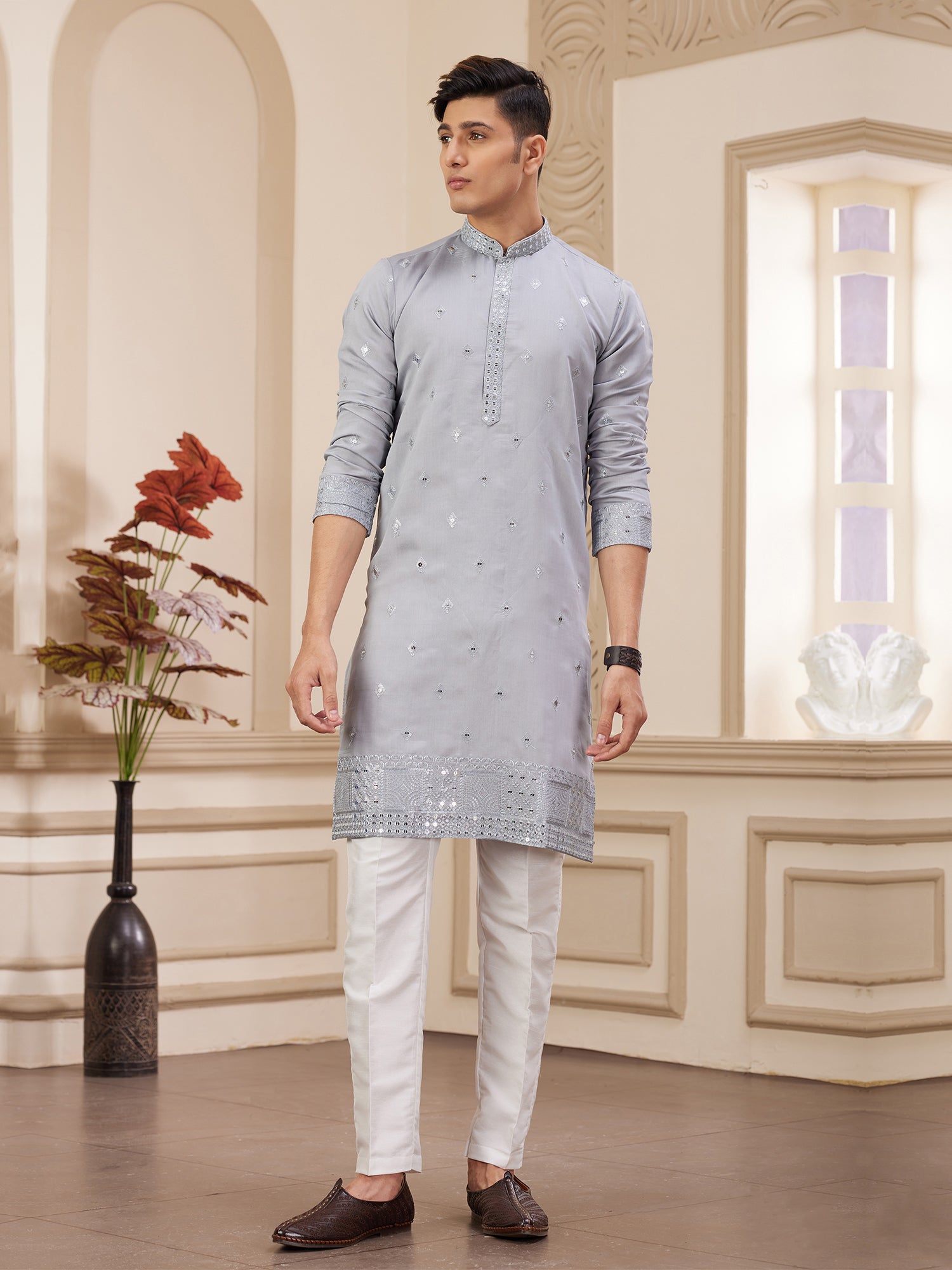 Silver Silk Kurta Pyjama In Sequins Embellishment