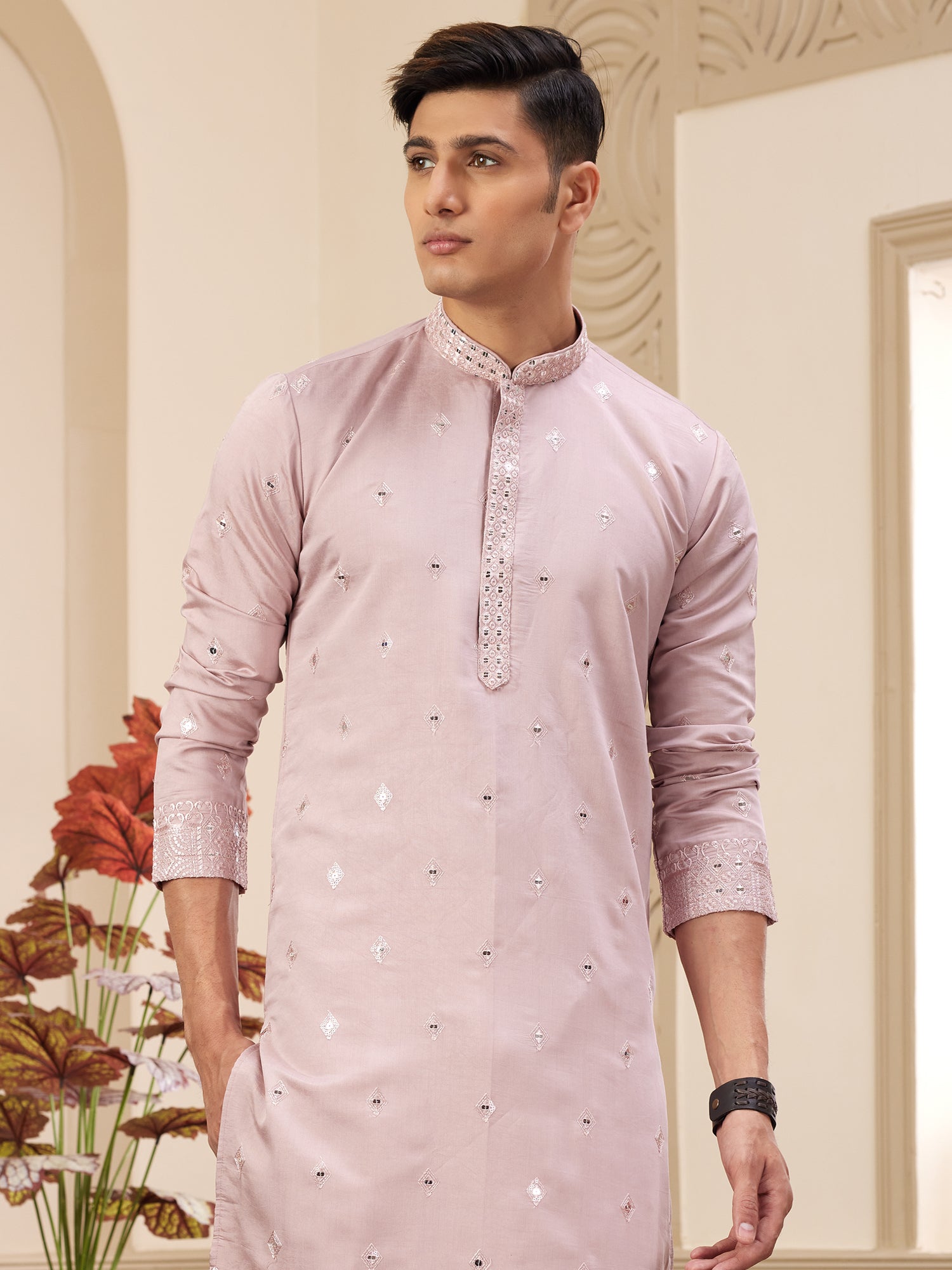 Dusty Pink Silk Readymade Kurta Set For Mens