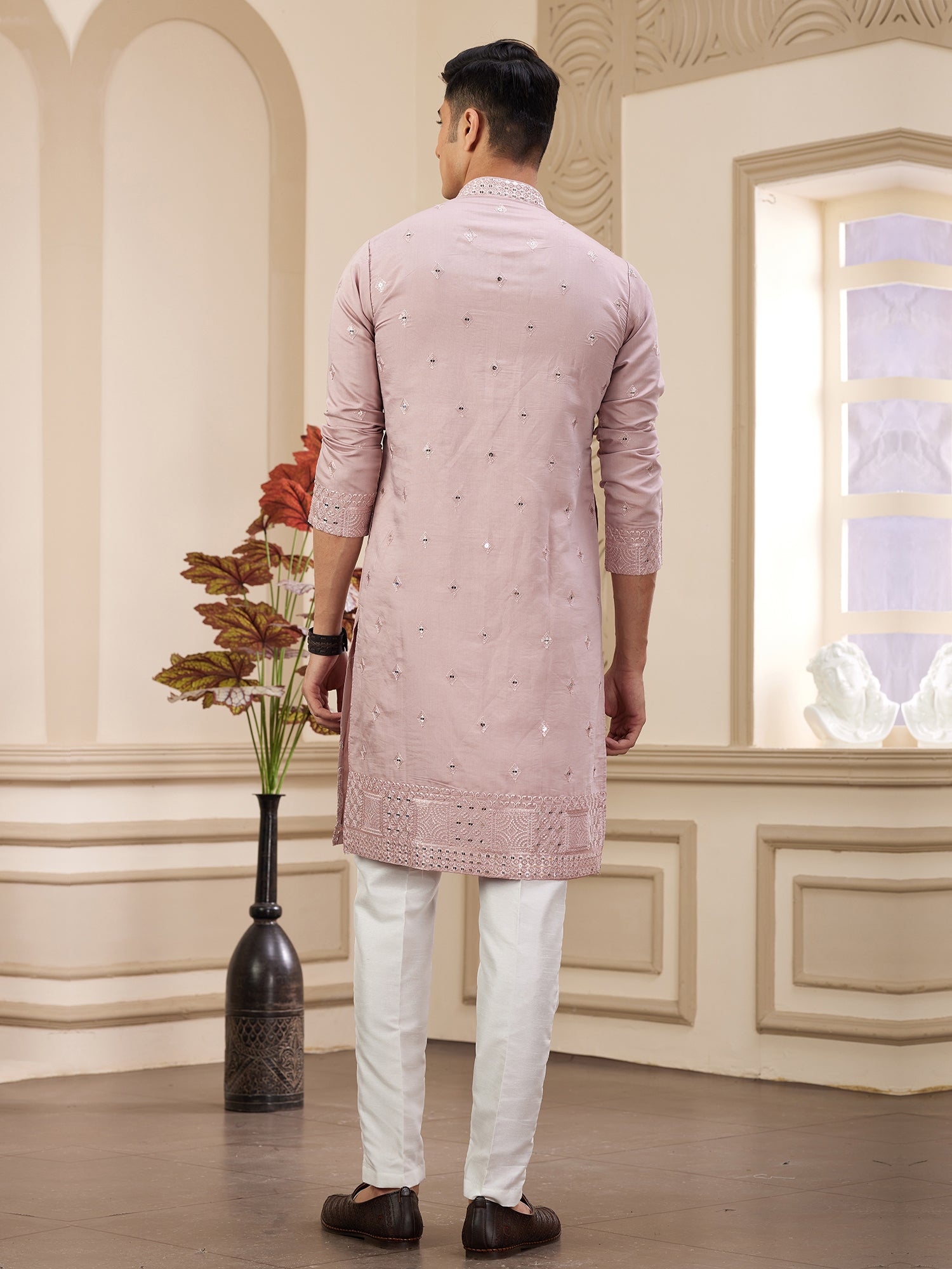 Dusty Pink Silk Readymade Kurta Set For Mens