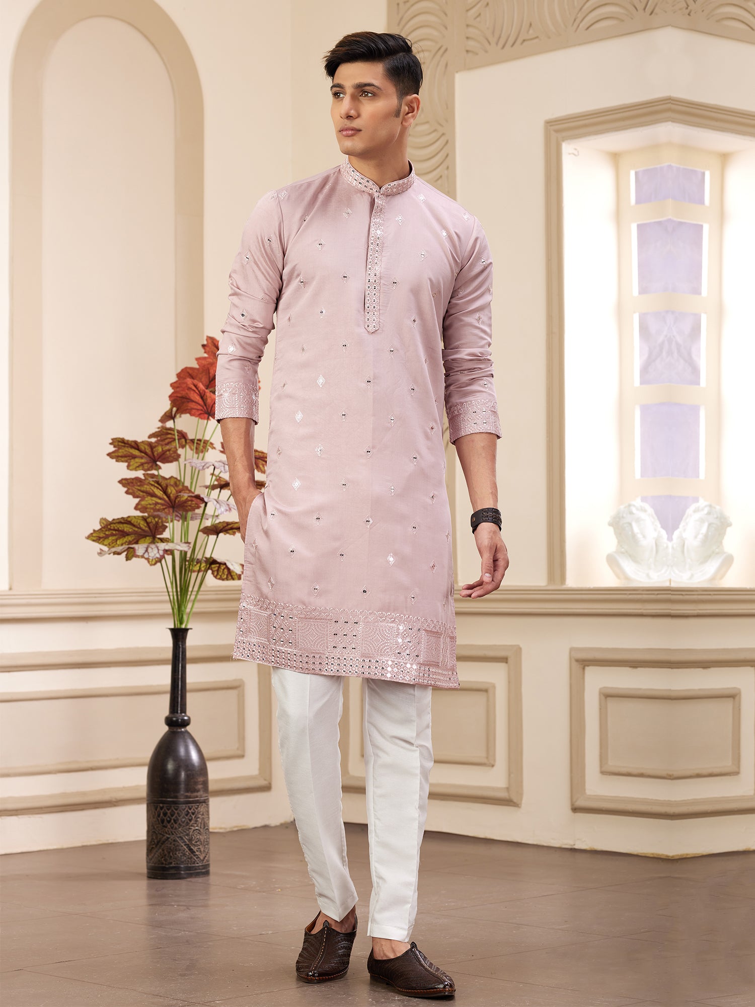 Dusty Pink Silk Readymade Kurta Set For Mens