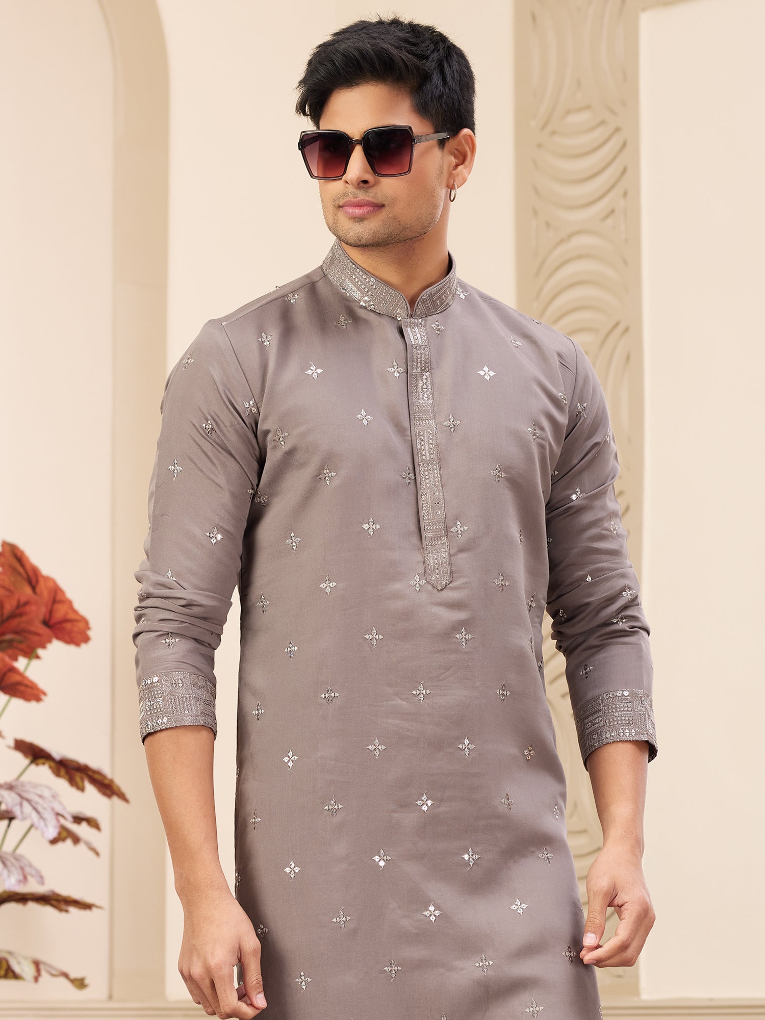 Grey Festive Kurta Pyjama In Sequins Work