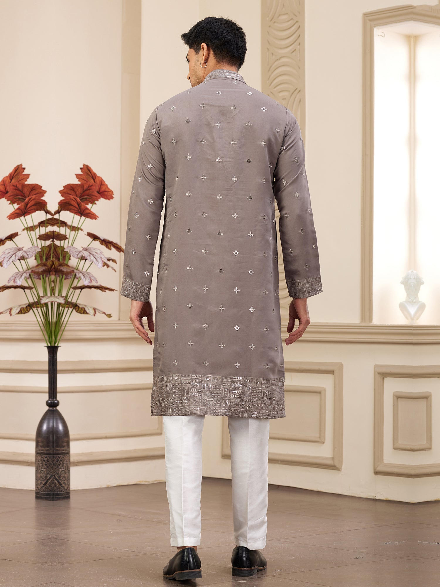 Grey Festive Kurta Pyjama In Sequins Work