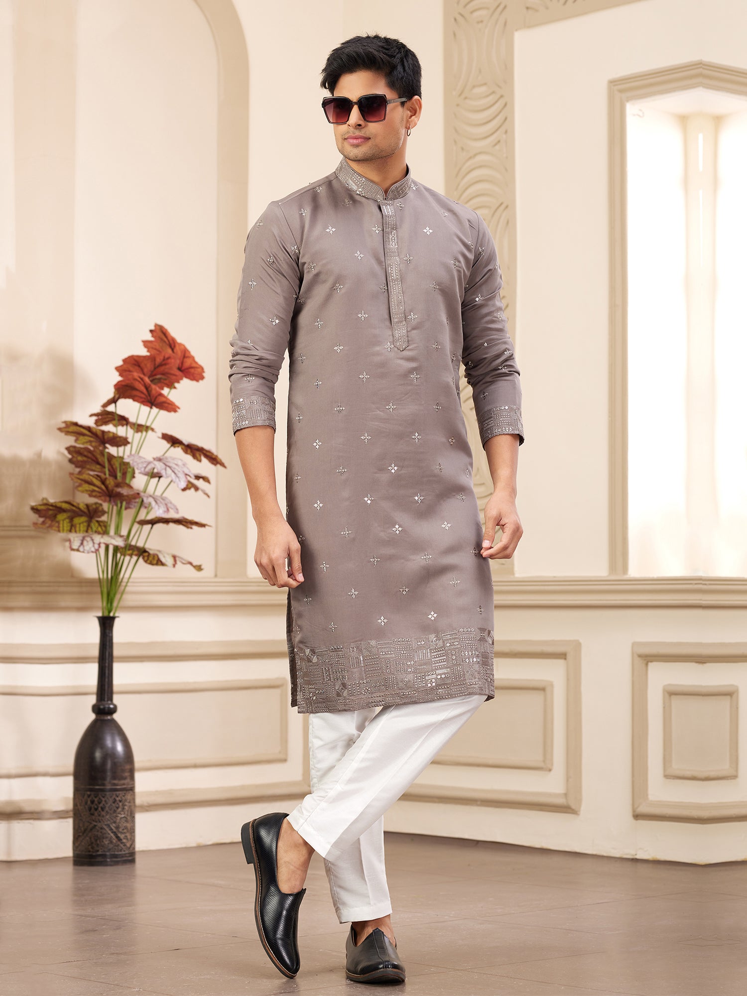 Grey Festive Kurta Pyjama In Sequins Work