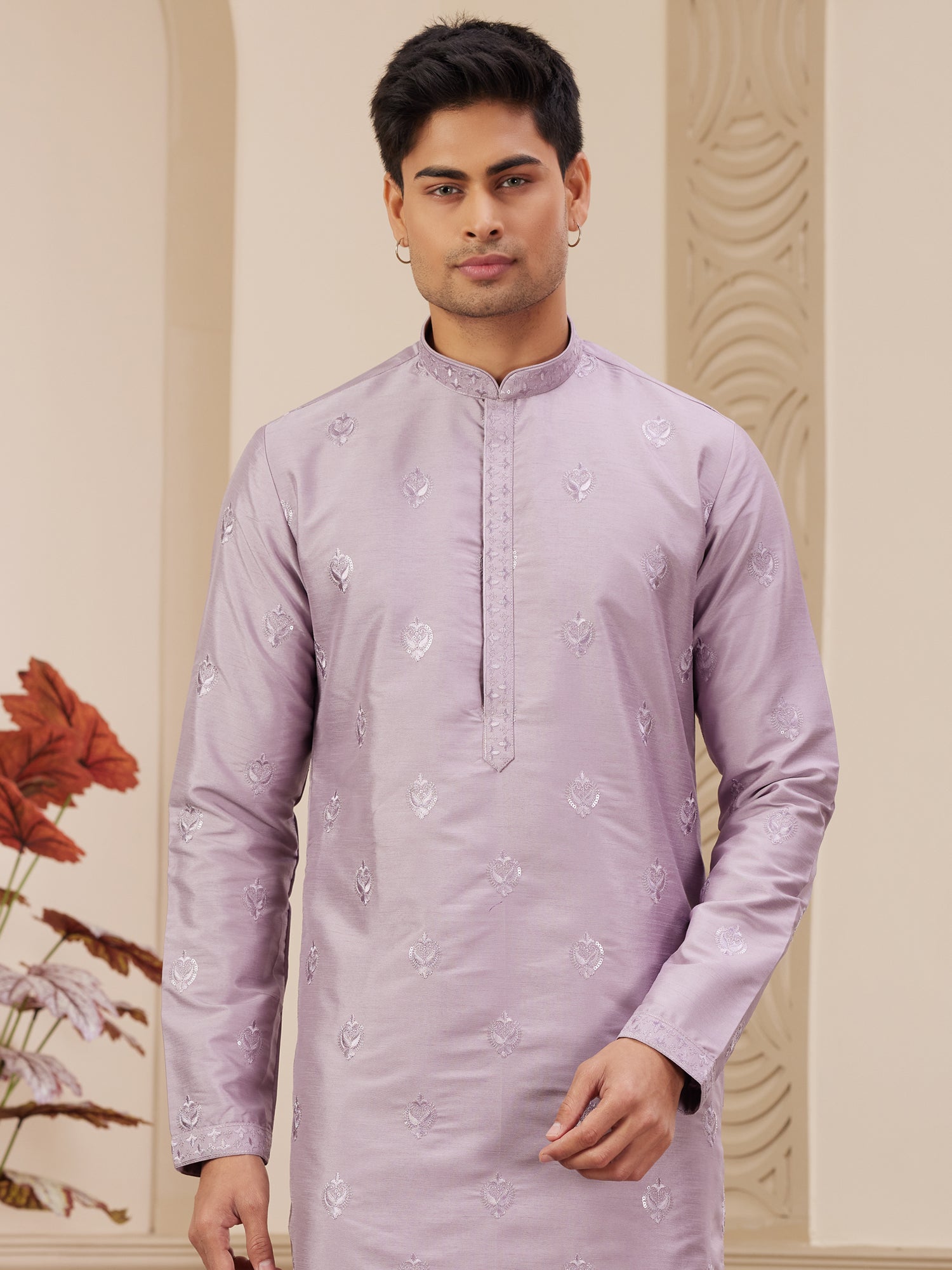 Lilac Festive Kurta Set For Men In Thread Work