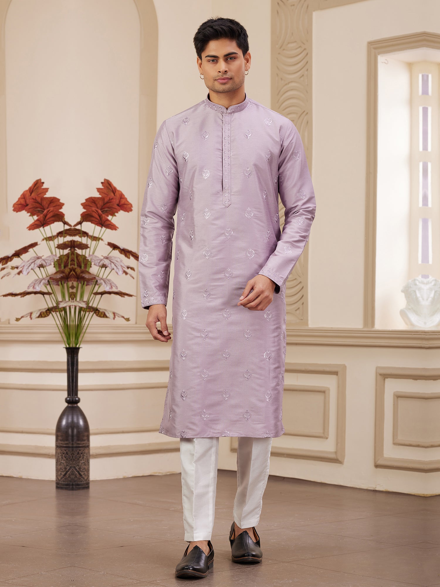 Lilac Festive Kurta Set For Men In Thread Work
