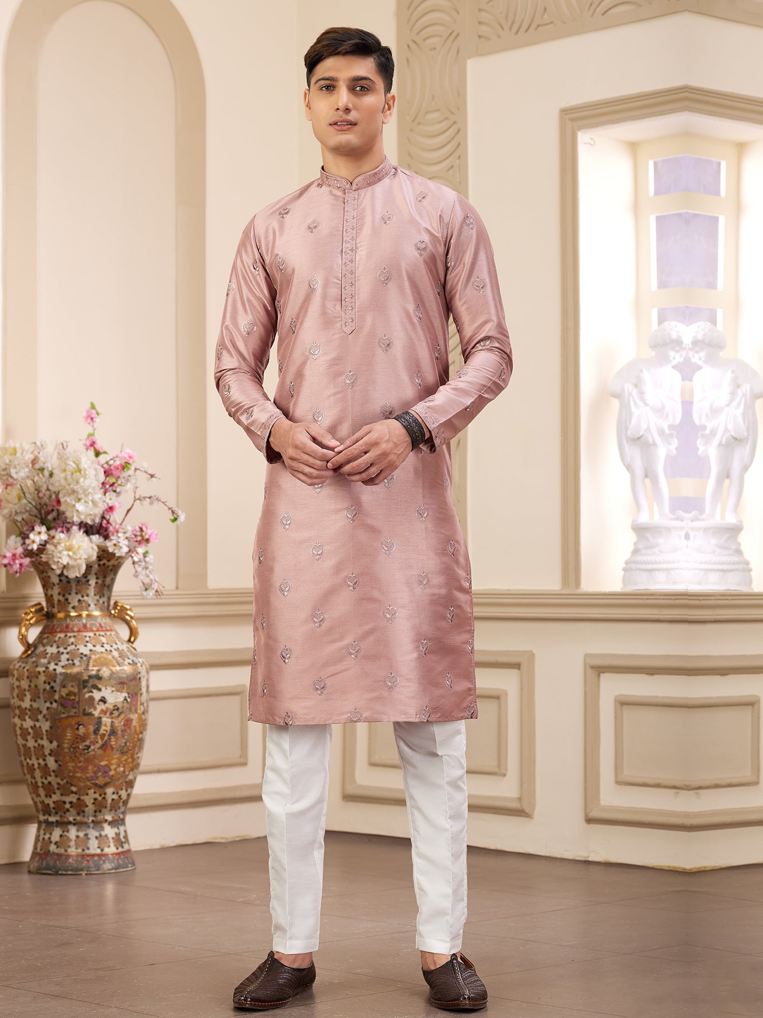 Pink Art Silk Party Kurta Pyjama For Mens