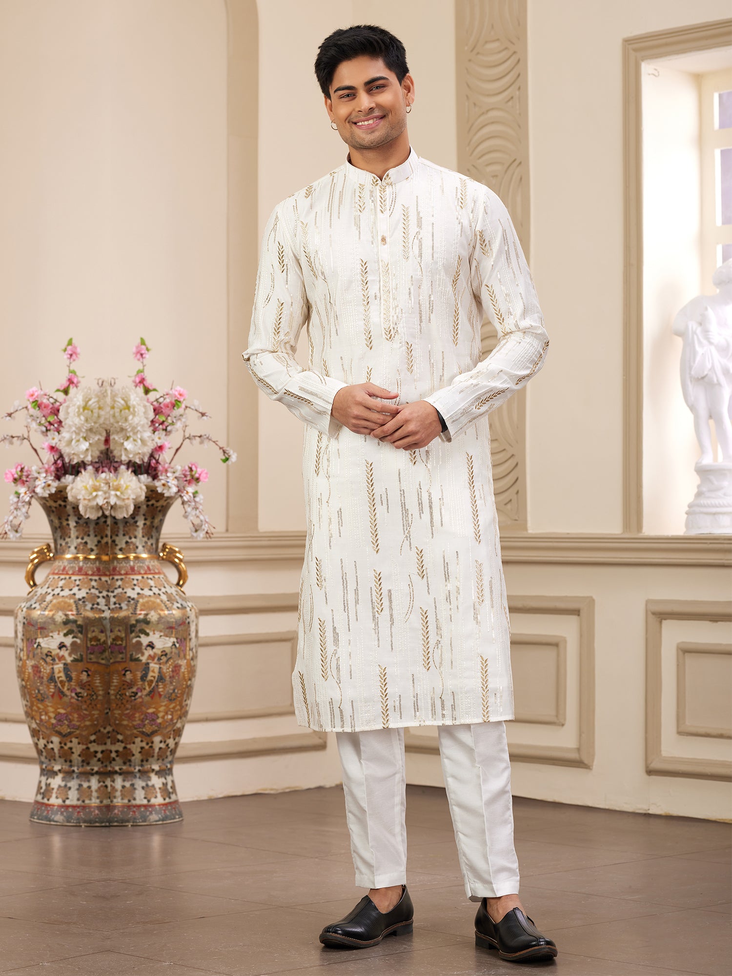 White Embroidered Readymade Kurta Pyjama Set