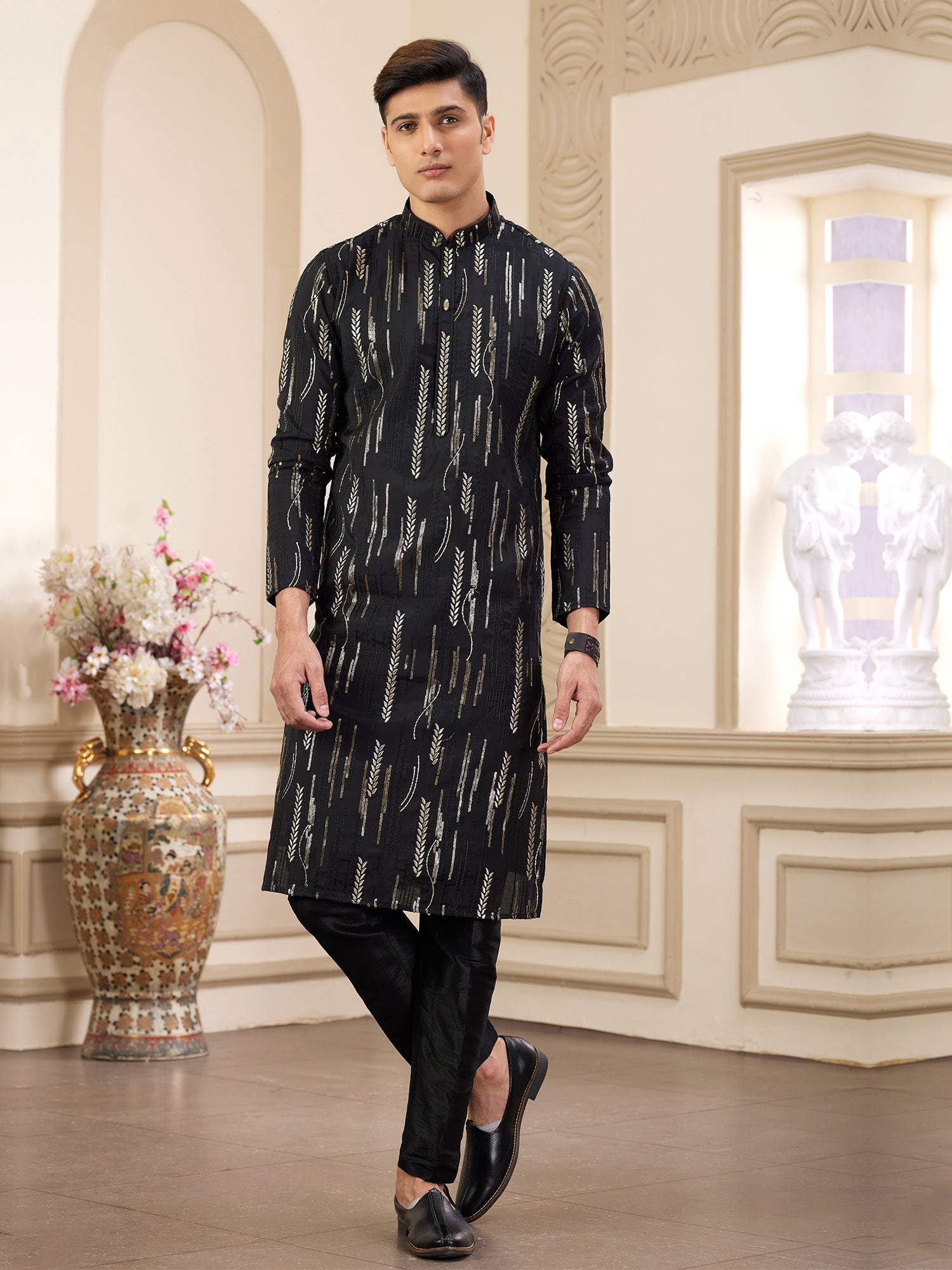 Black Casual Wear Embroidered Kurta Pyjama