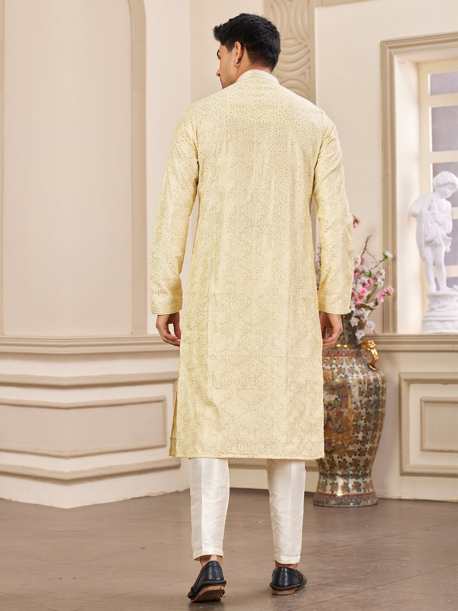 Light Yellow Kurta Pyjama In Silk For Mens
