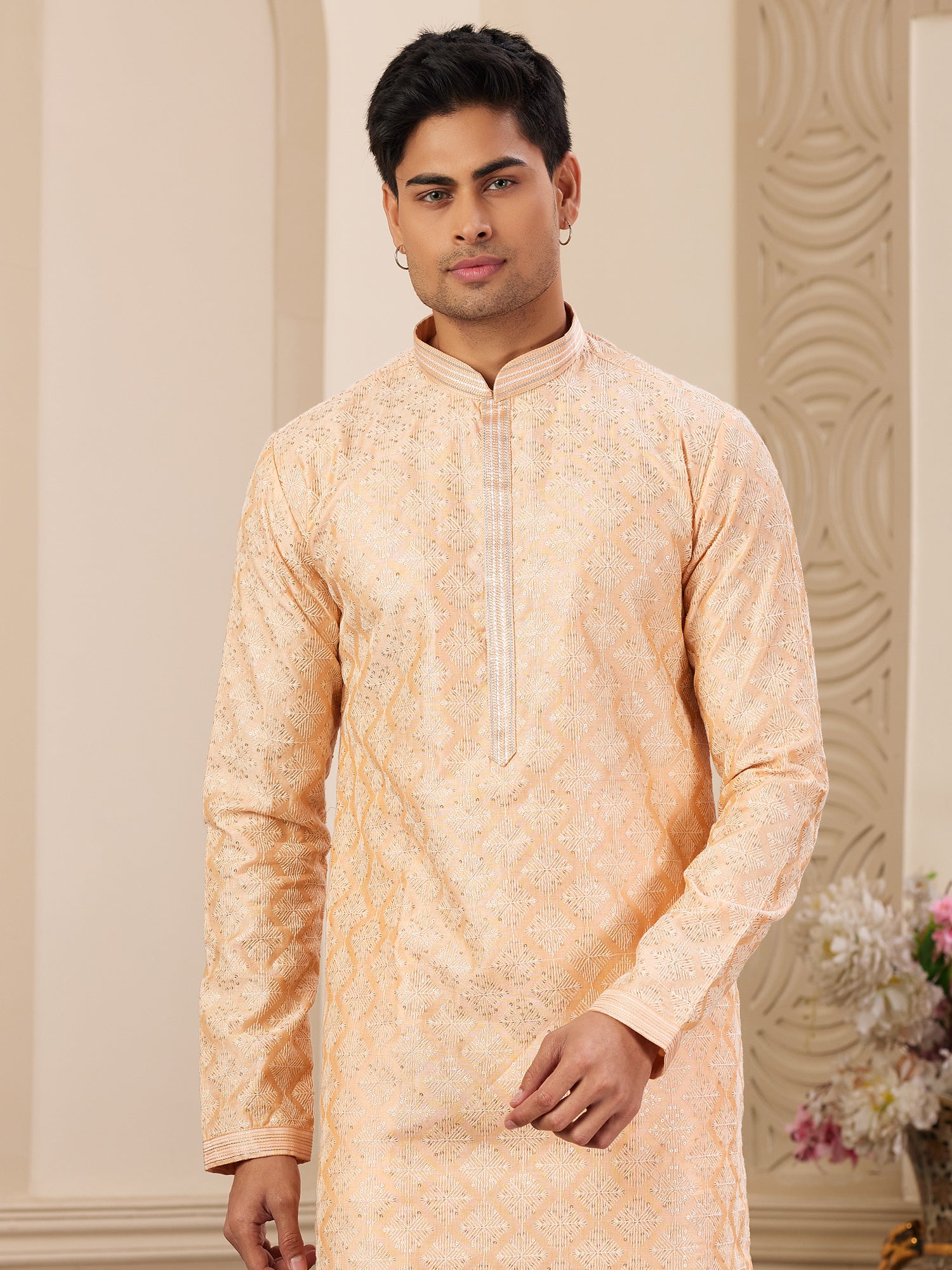 Orange Sequins Embroidered Readymade Kurta Set