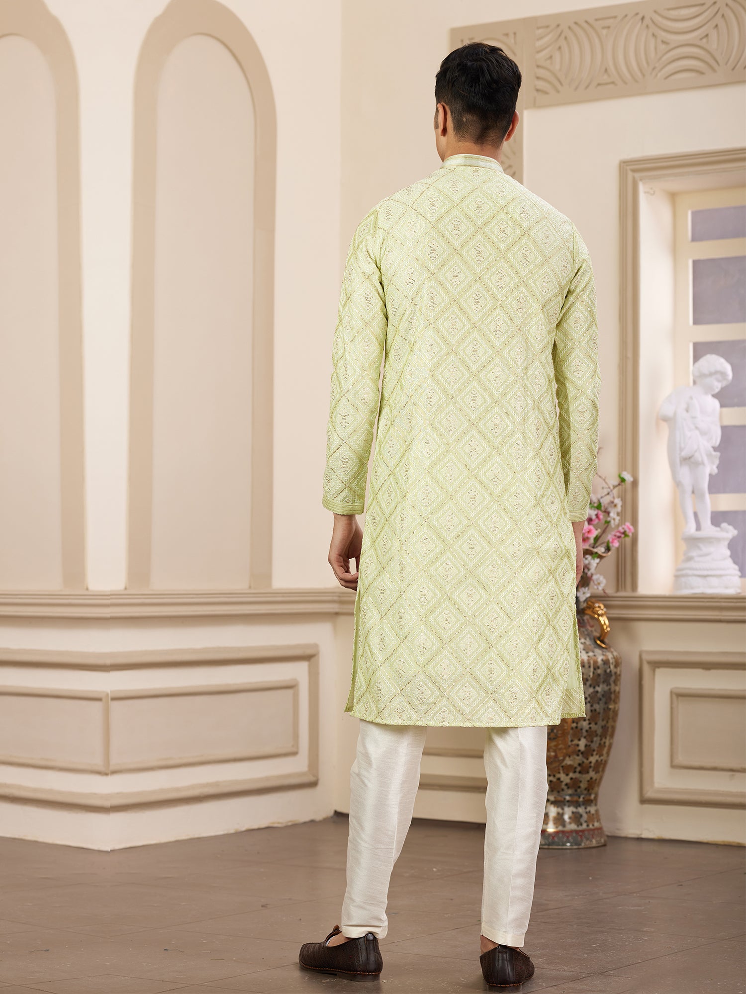 Green Sequins Embellished Men's Kurta Pyjama