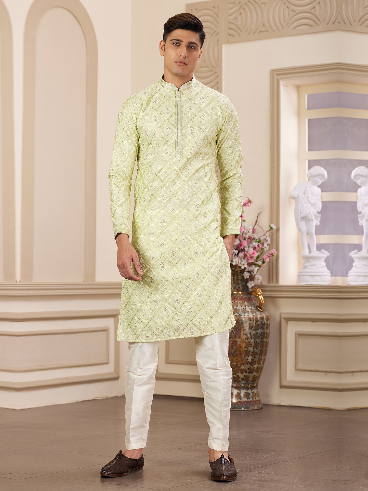 Green Sequins Embellished Men's Kurta Pyjama
