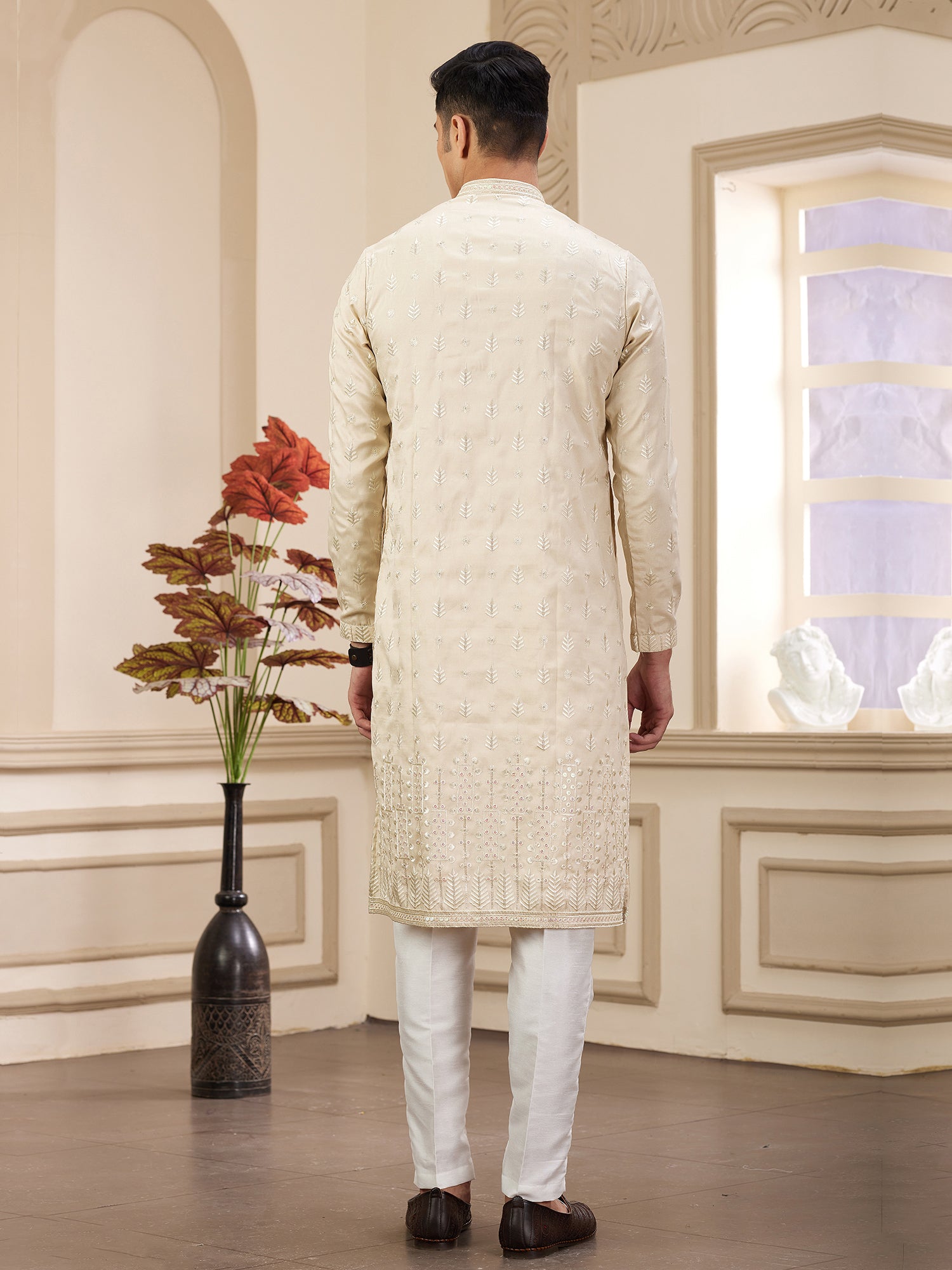 Cream Sequins Agumented Readymade Kurta Pyjama
