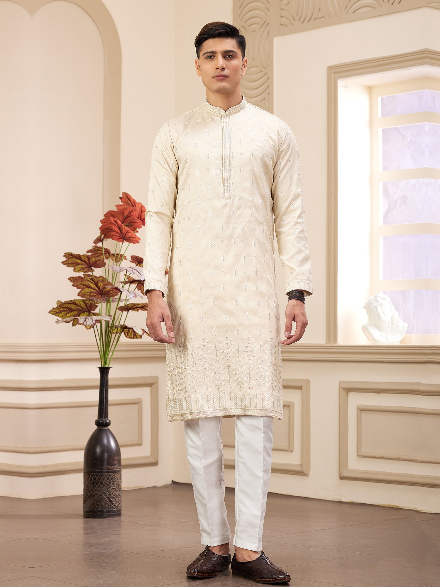 Cream Sequins Agumented Readymade Kurta Pyjama