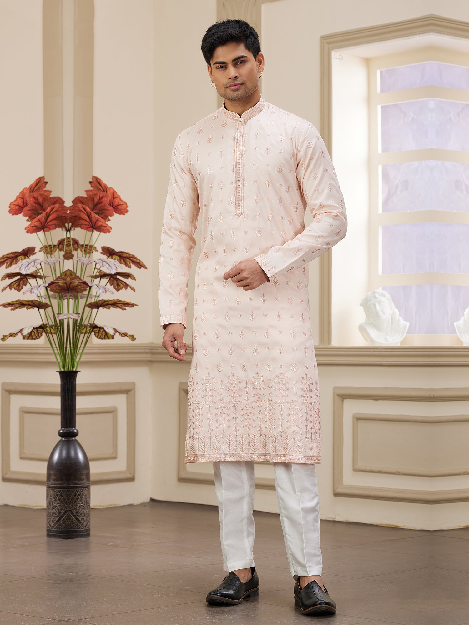 Light Pink Art Silk Embroidered Kurta Pyjama