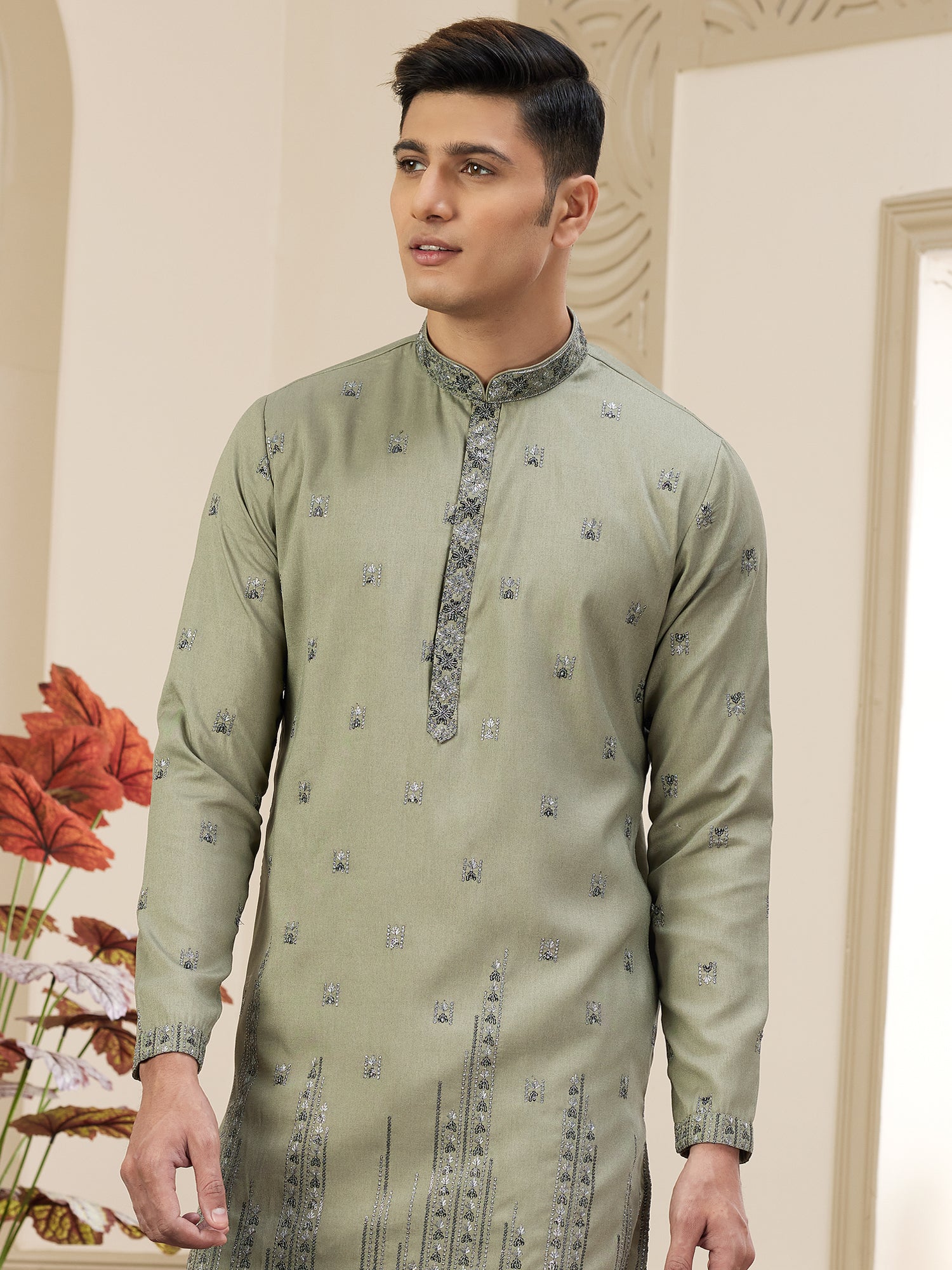 Sage Green Thread Work Kurta Pyjama Set