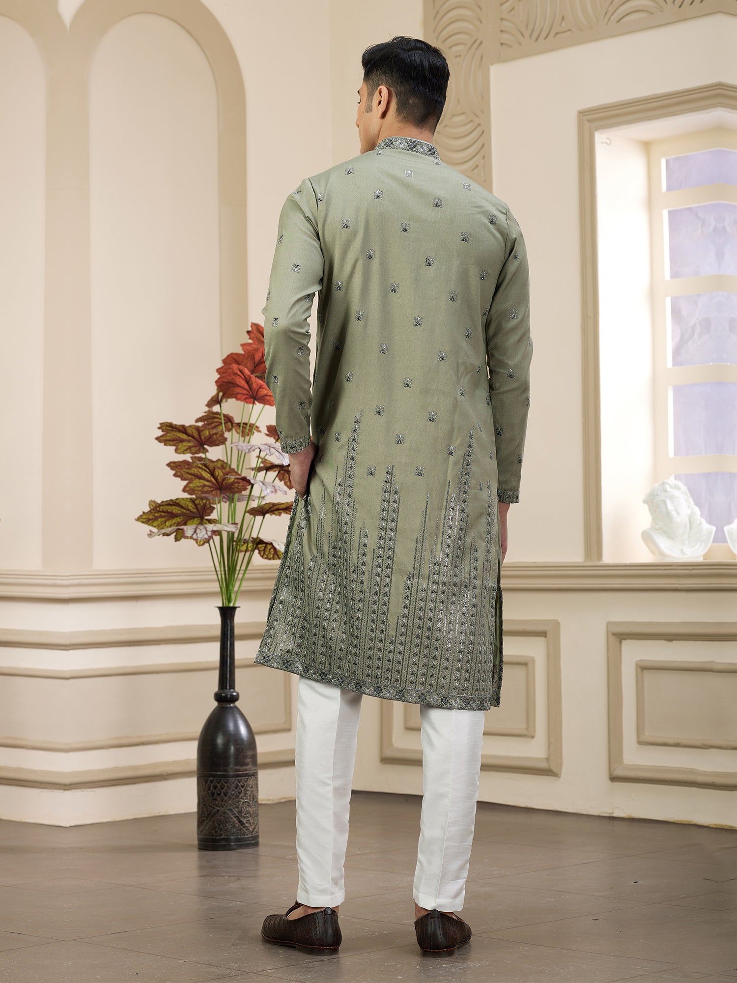 Sage Green Thread Work Kurta Pyjama Set