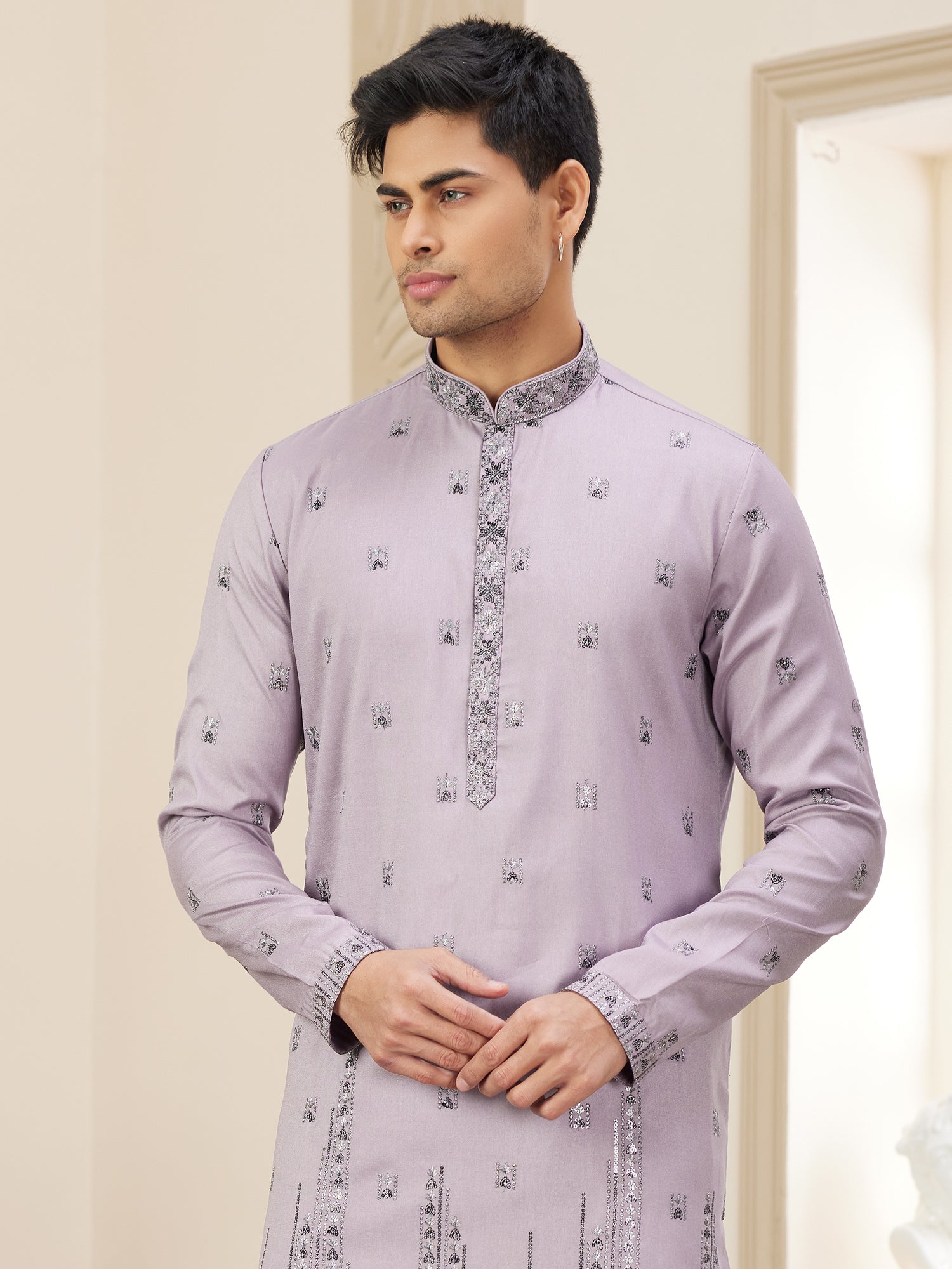 Purple Readymade Kurta Pyjama In Thread Work