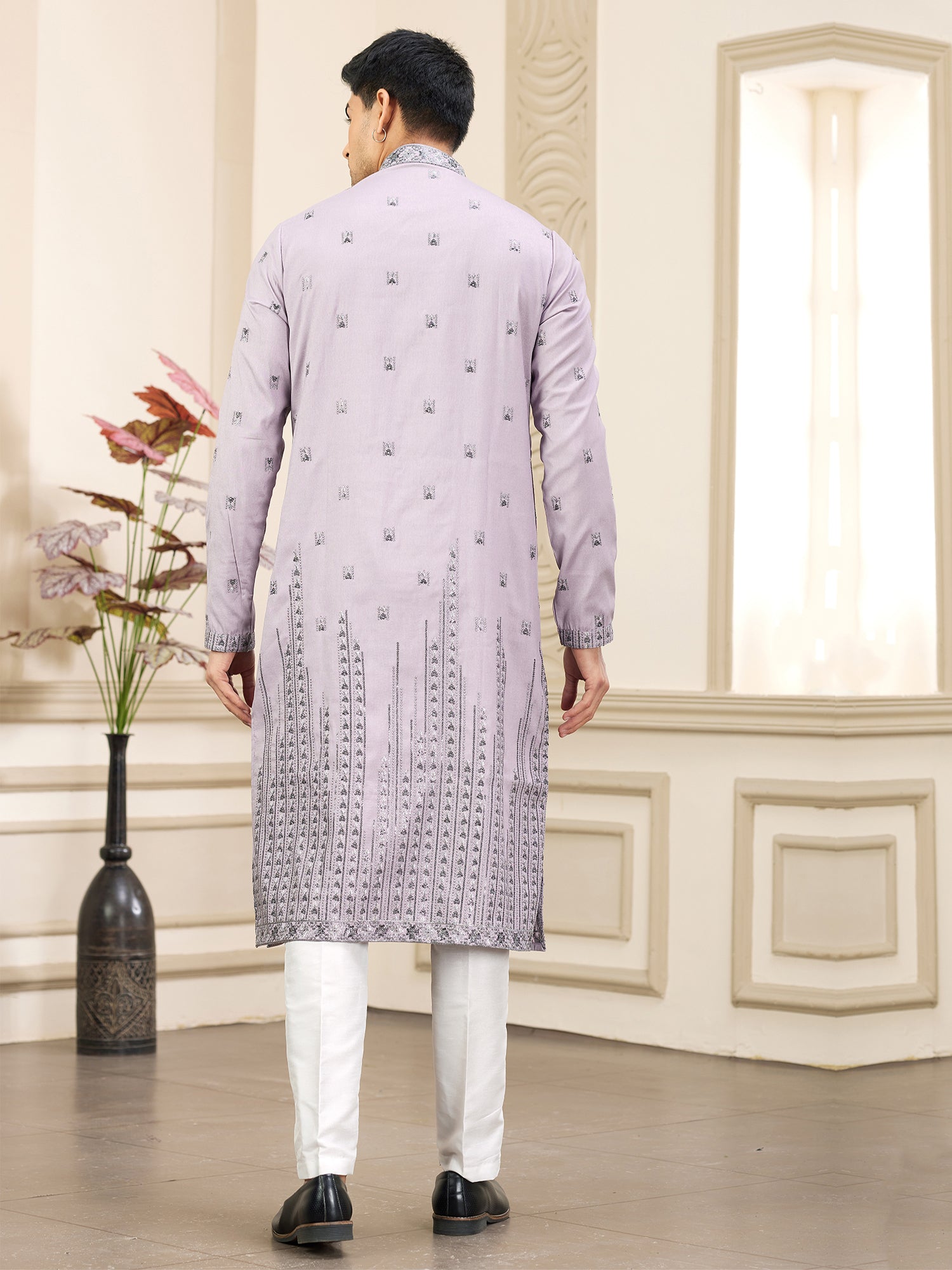 Purple Readymade Kurta Pyjama In Thread Work