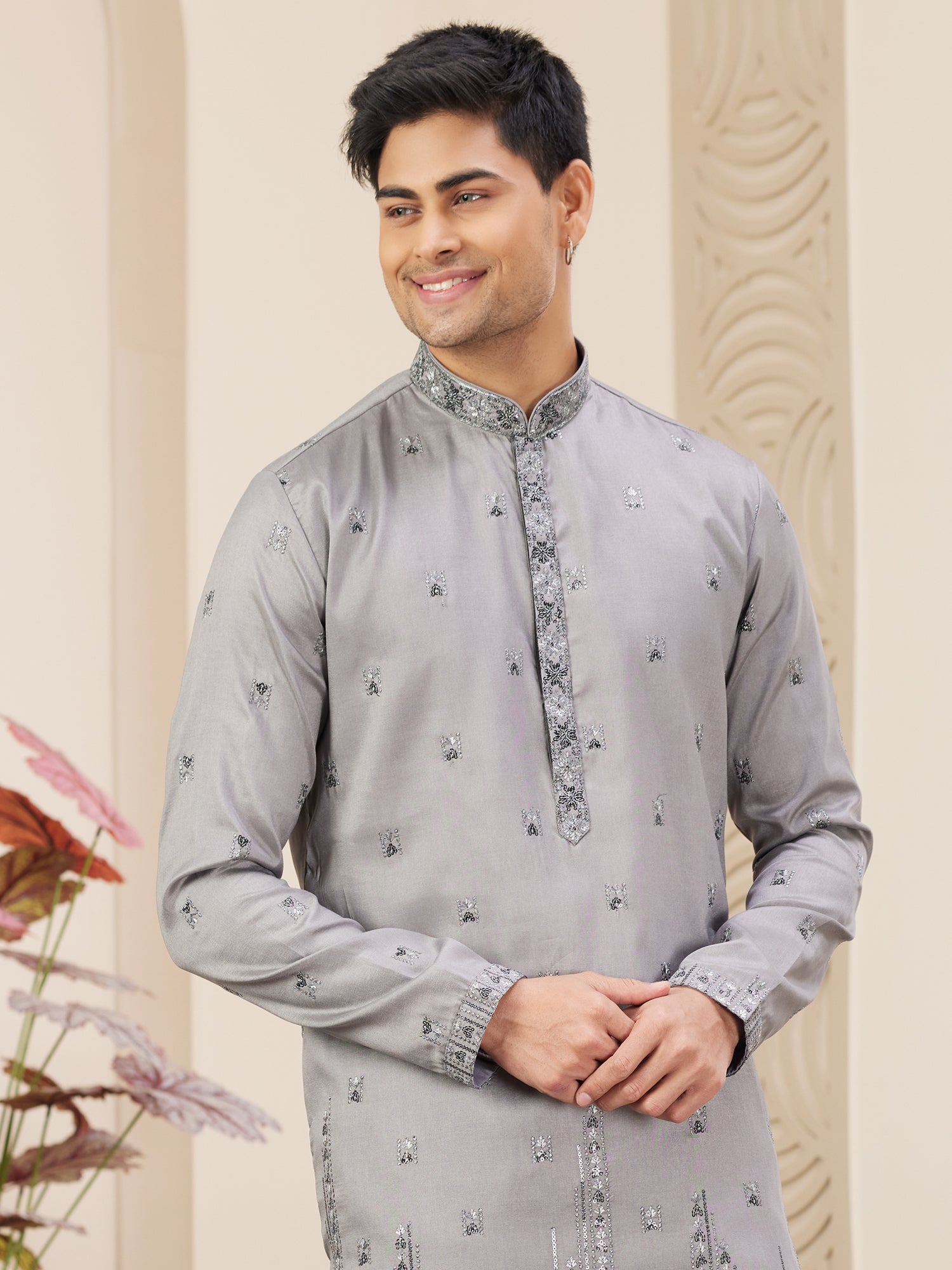 Silver Grey Men's Kurta Set In Heavy Embroidery