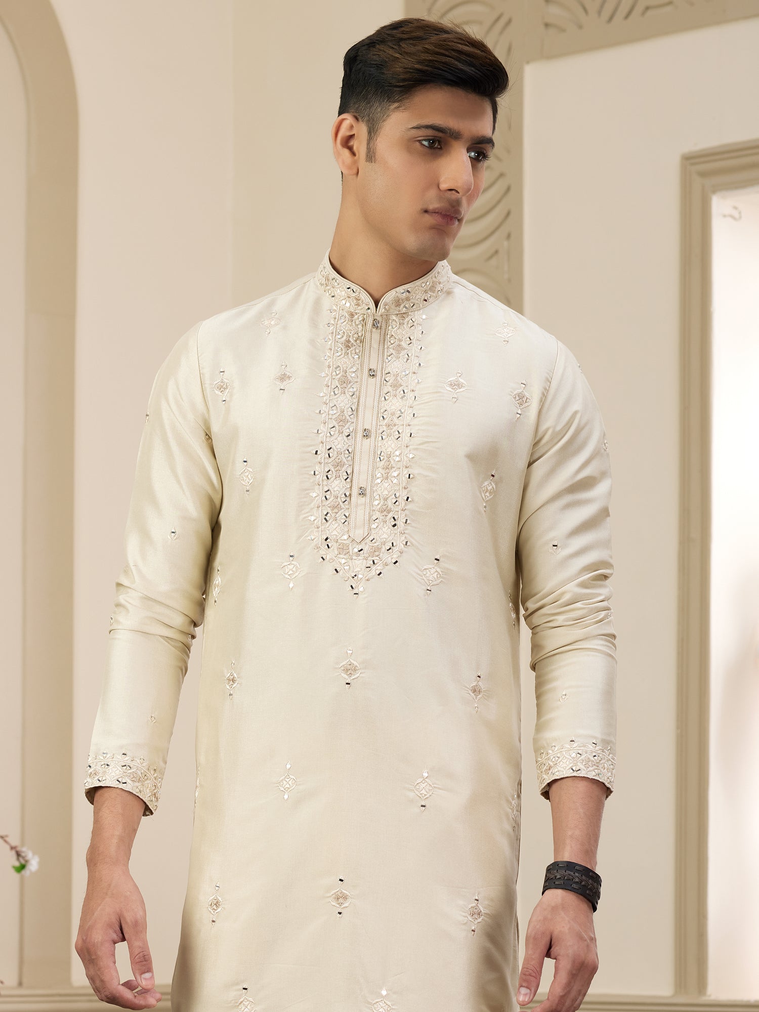 Ivory Cream Men's Readymade Kurta Set In Silk