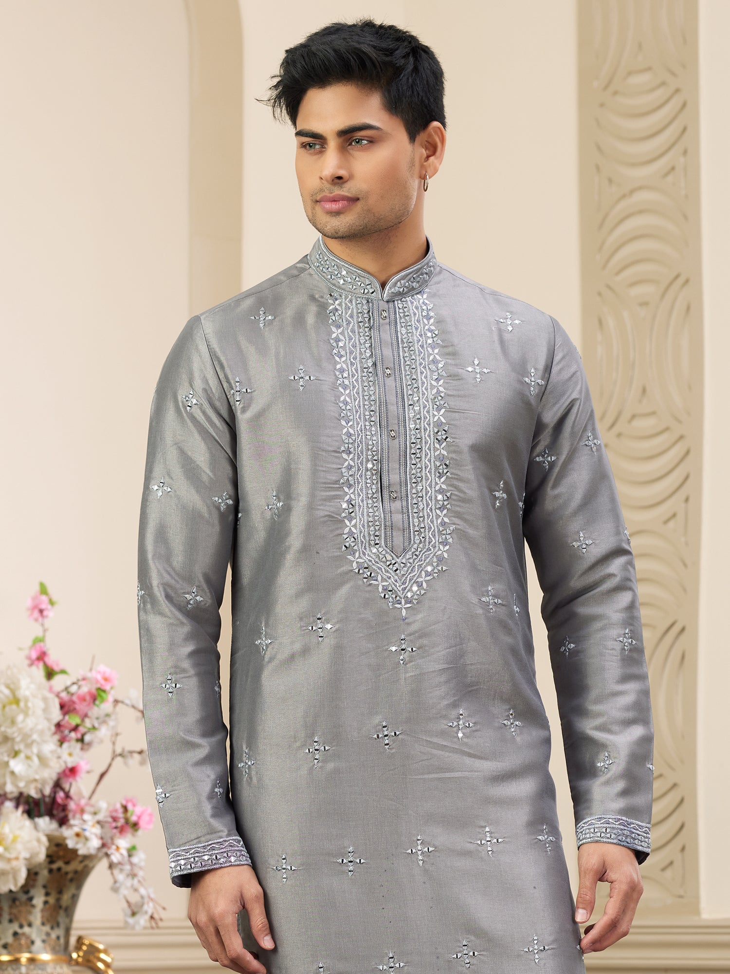 Grey Thread Embroidered Festive Kurta Set