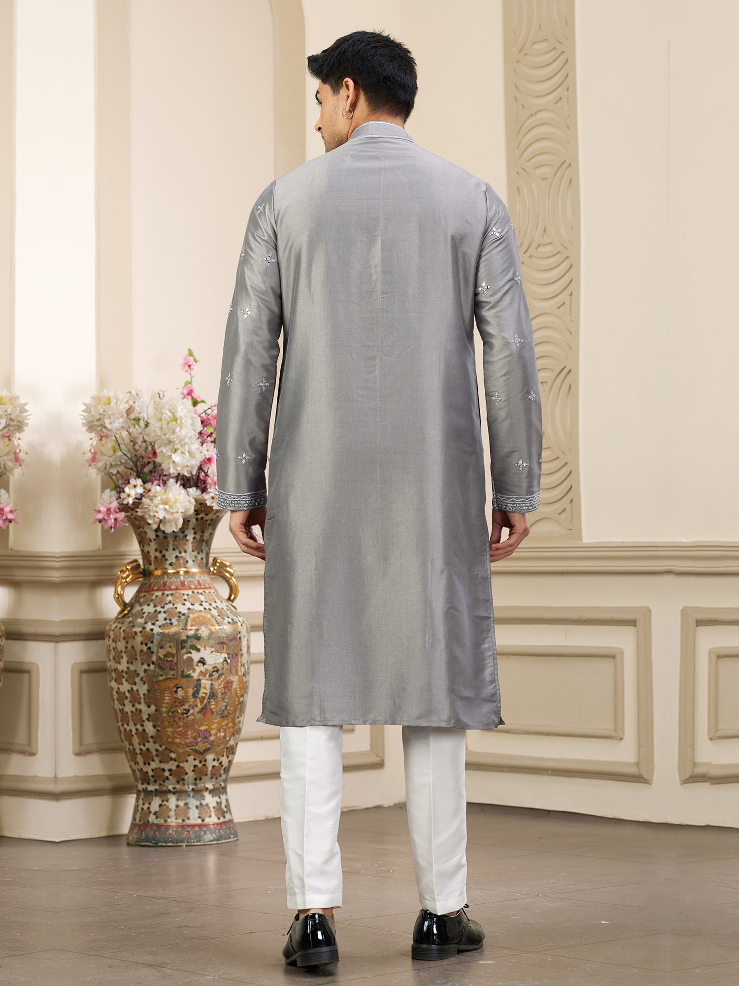 Grey Thread Embroidered Festive Kurta Set