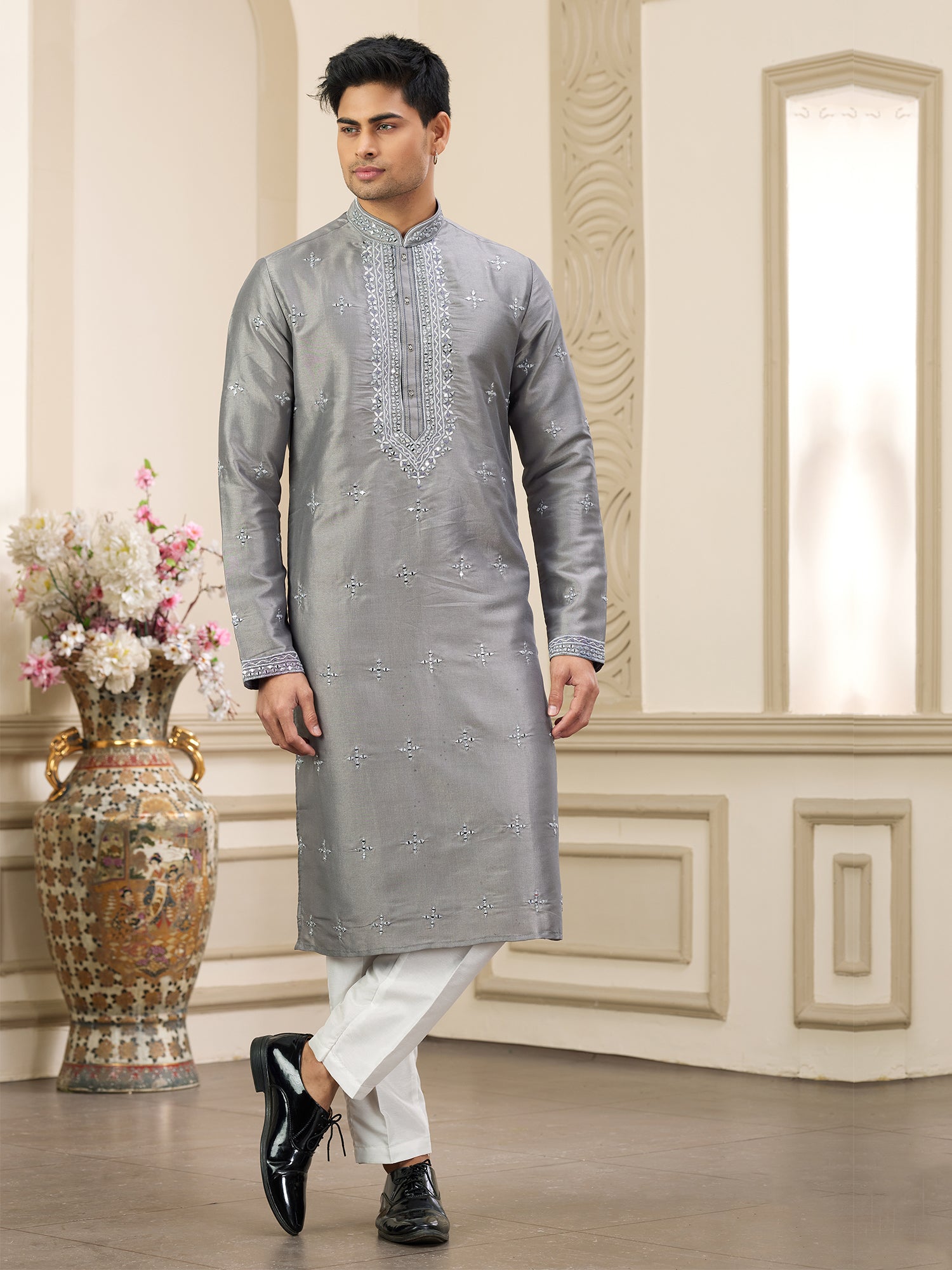 Grey Thread Embroidered Festive Kurta Set