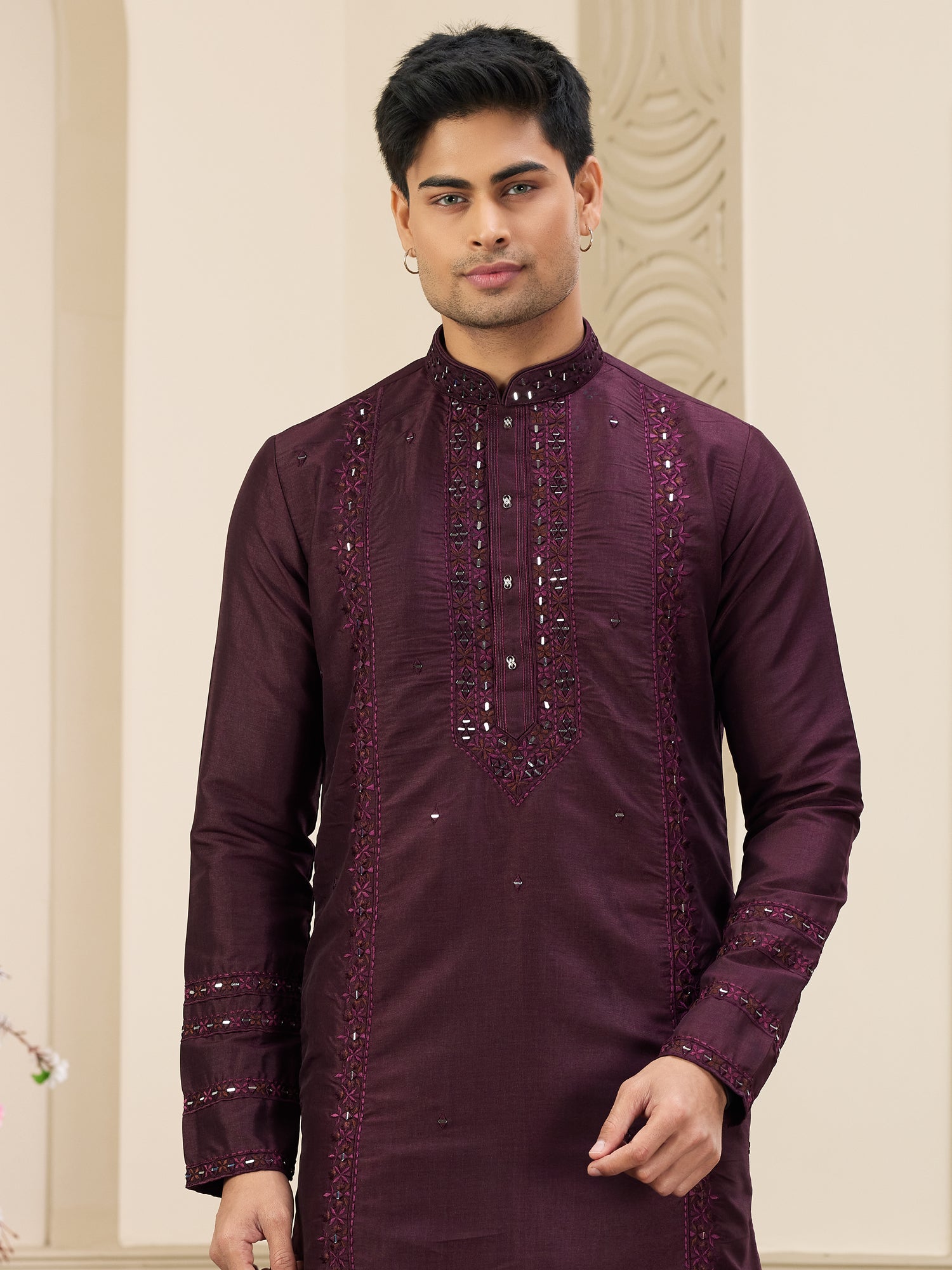 Wine Sequins Work Kurta Pyjama Set For Men
