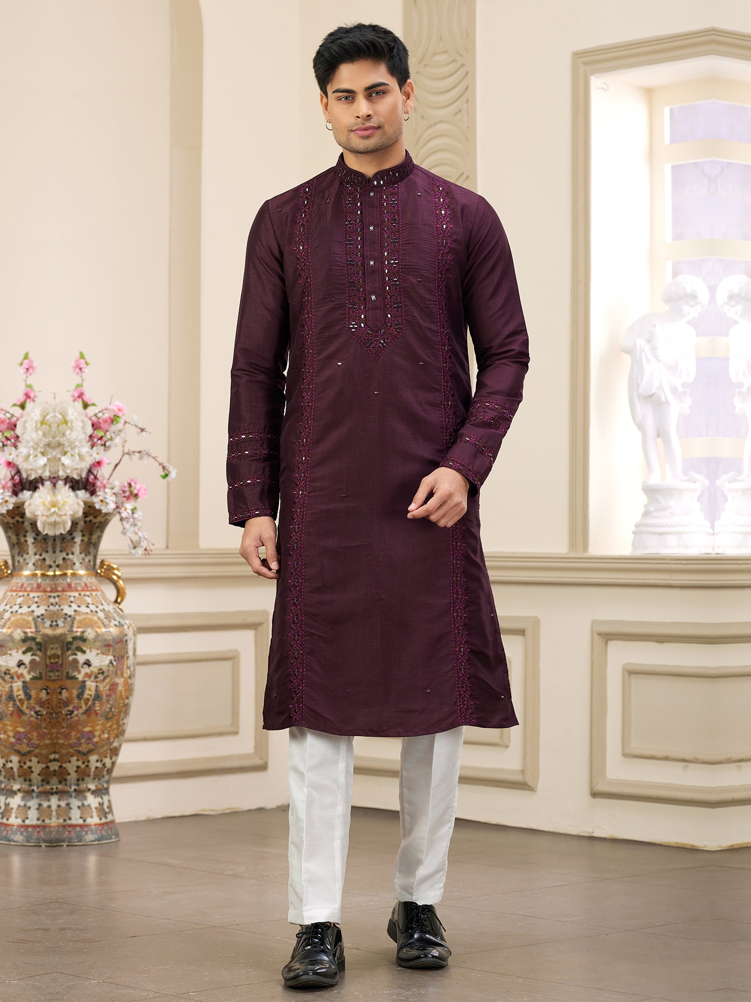 Wine Sequins Work Kurta Pyjama Set For Men