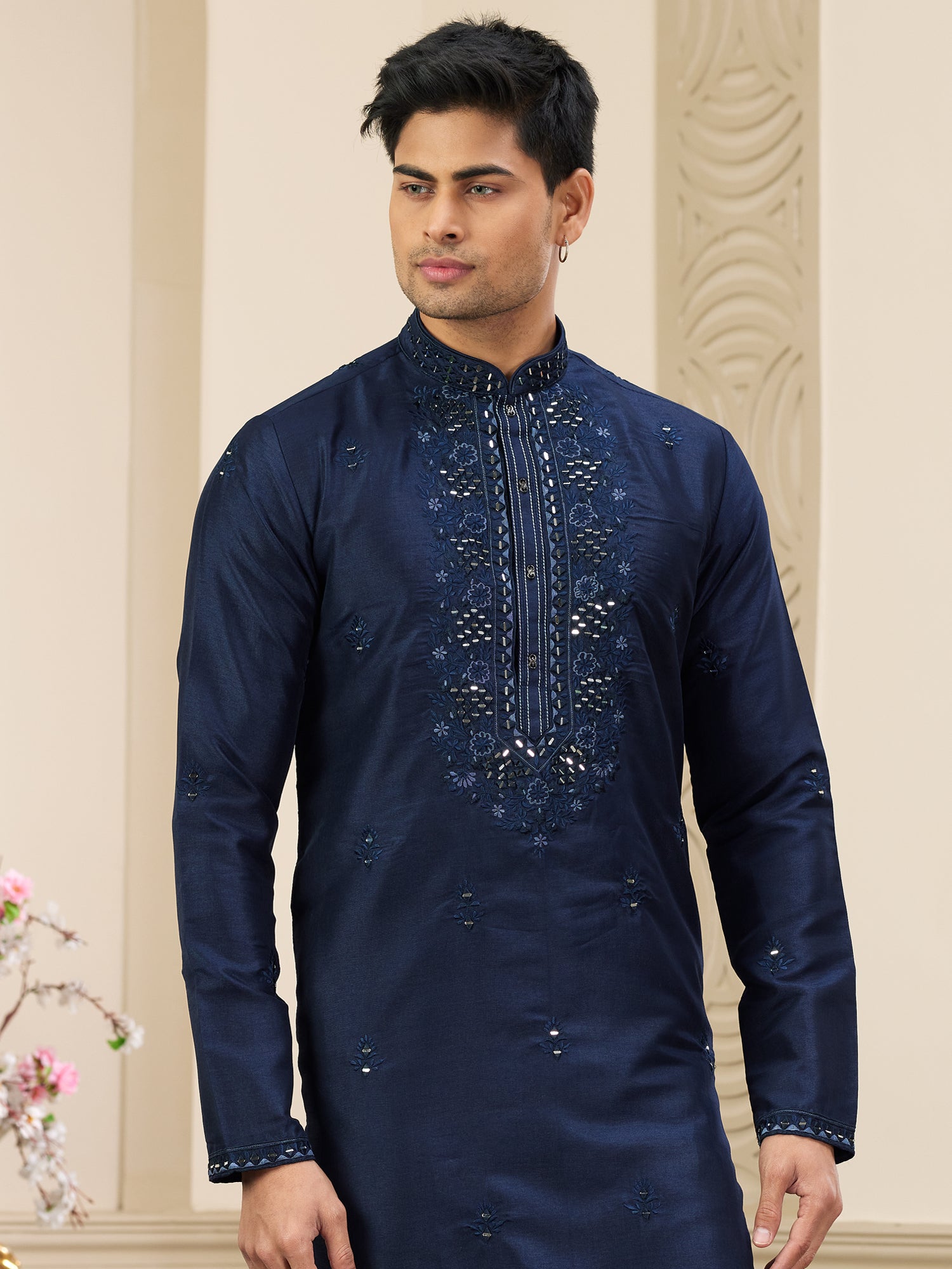 Navy Blue Embroidered Party Kurta Set In Silk