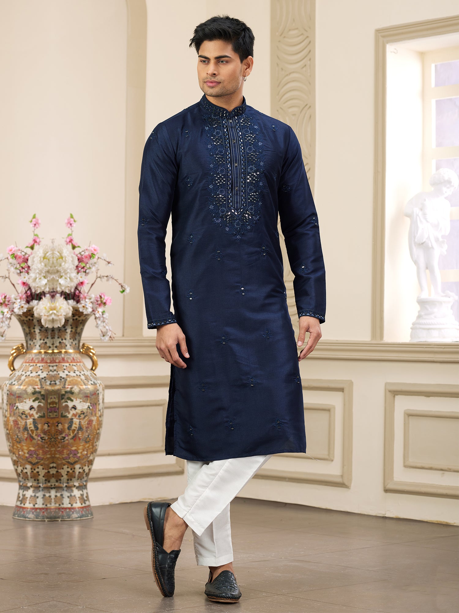 Navy Blue Embroidered Party Kurta Set In Silk