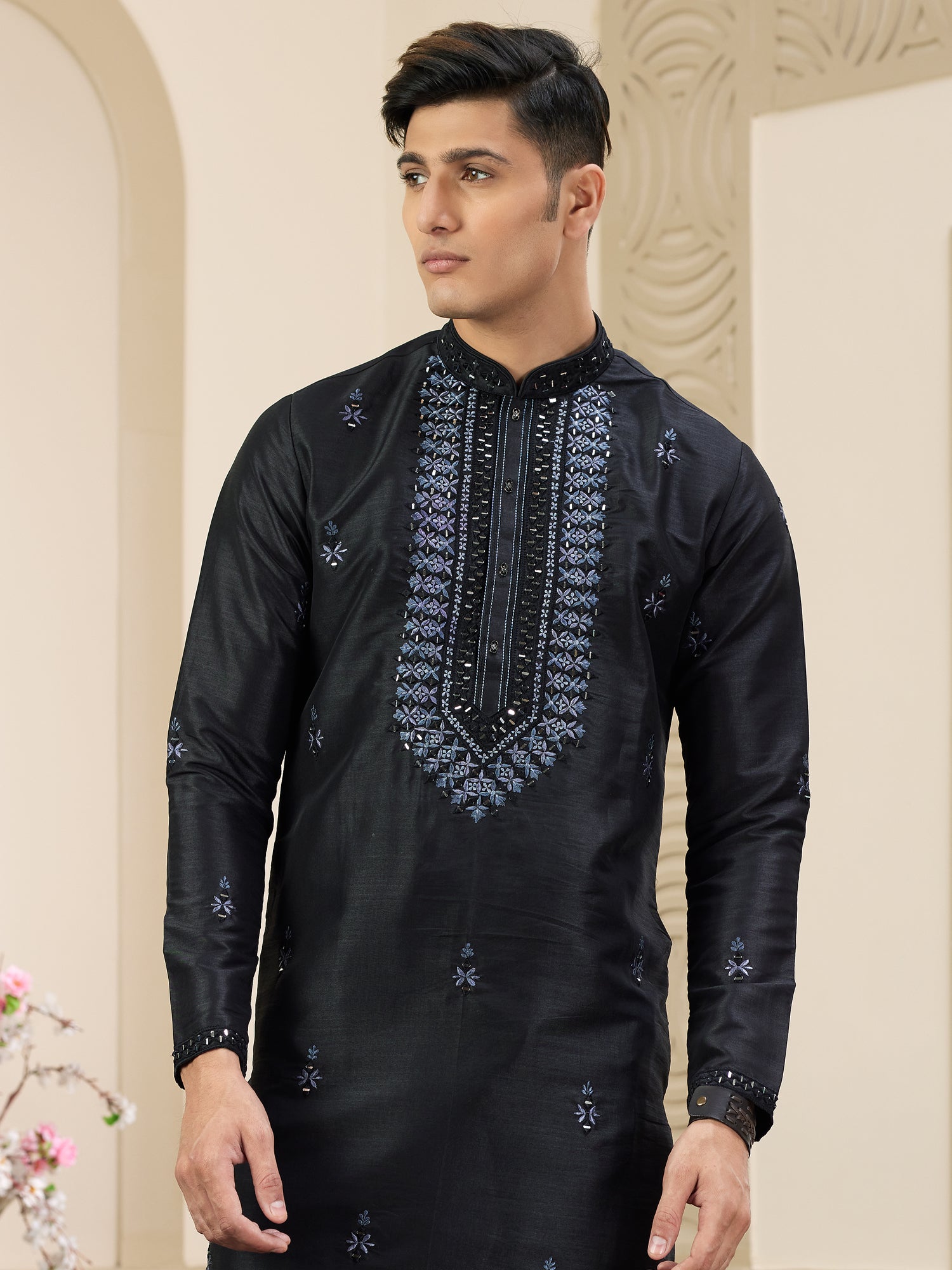 Black Party Wear Embroidered Kurta Pyjama Set