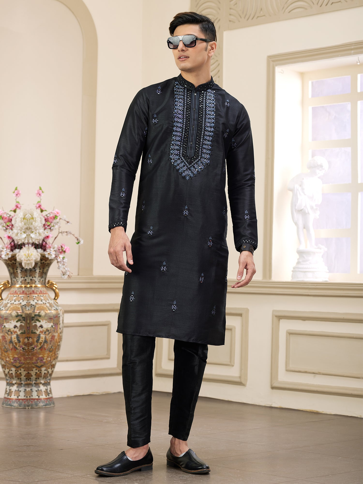 Black Party Wear Embroidered Kurta Pyjama Set