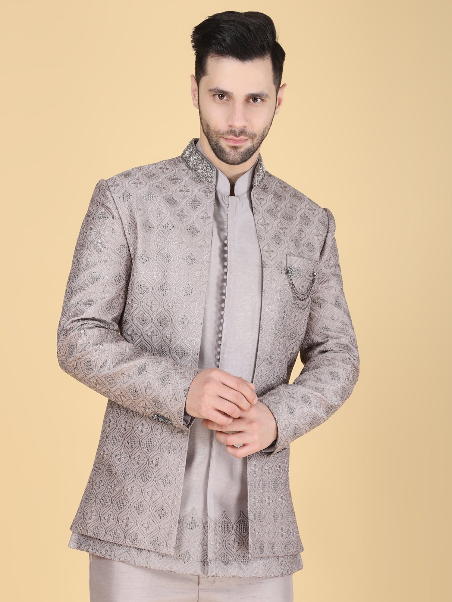 Grey Sequins Embellished Silk Mandarin Suit