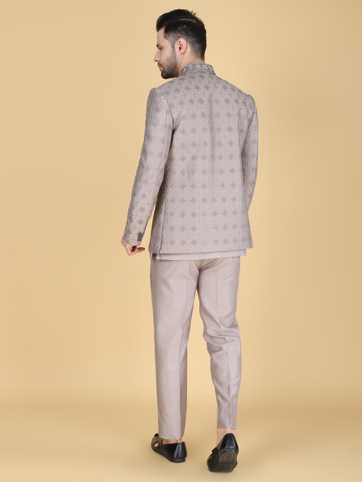 Grey Sequins Embellished Silk Mandarin Suit