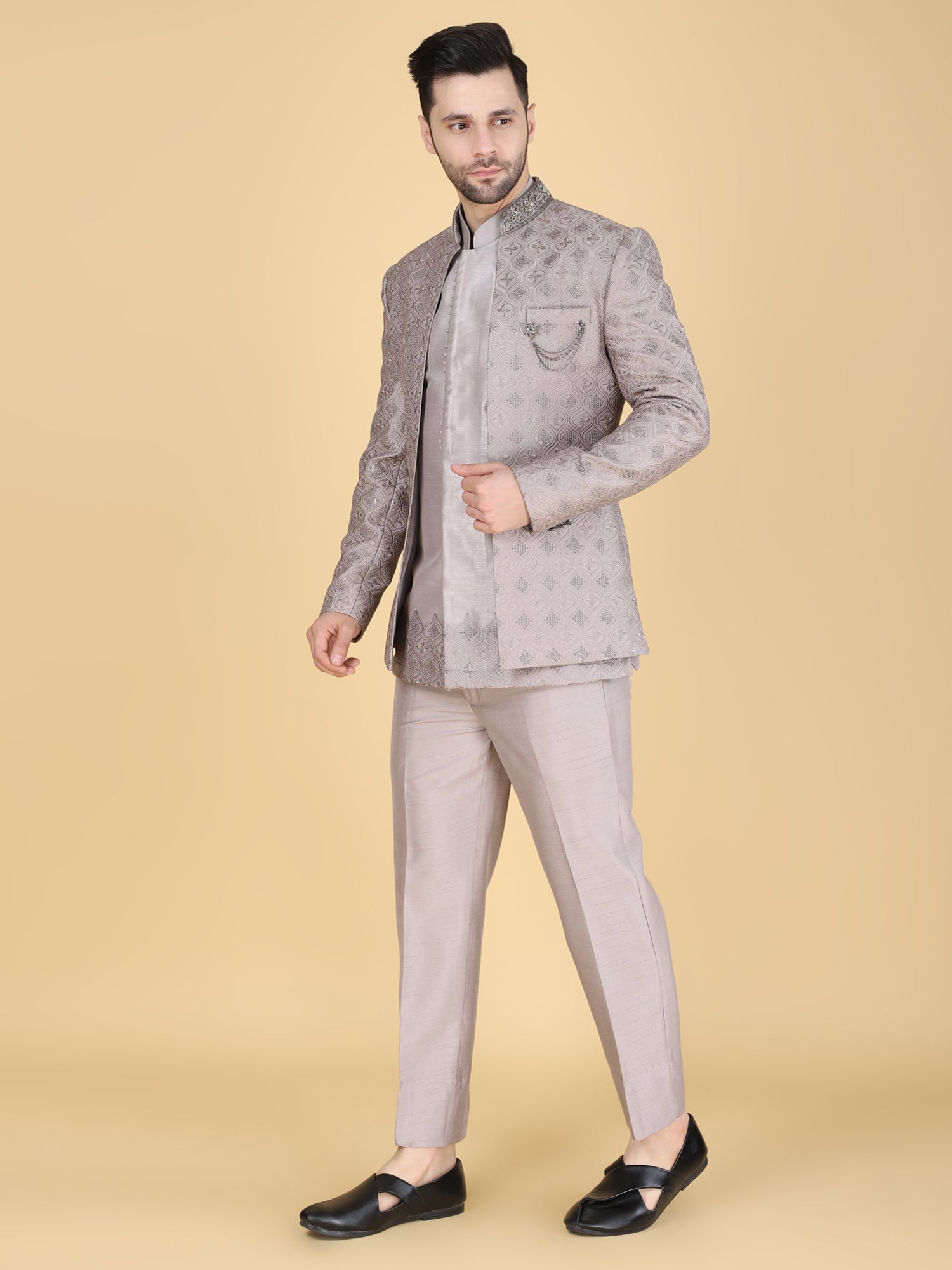 Grey Sequins Embellished Silk Mandarin Suit